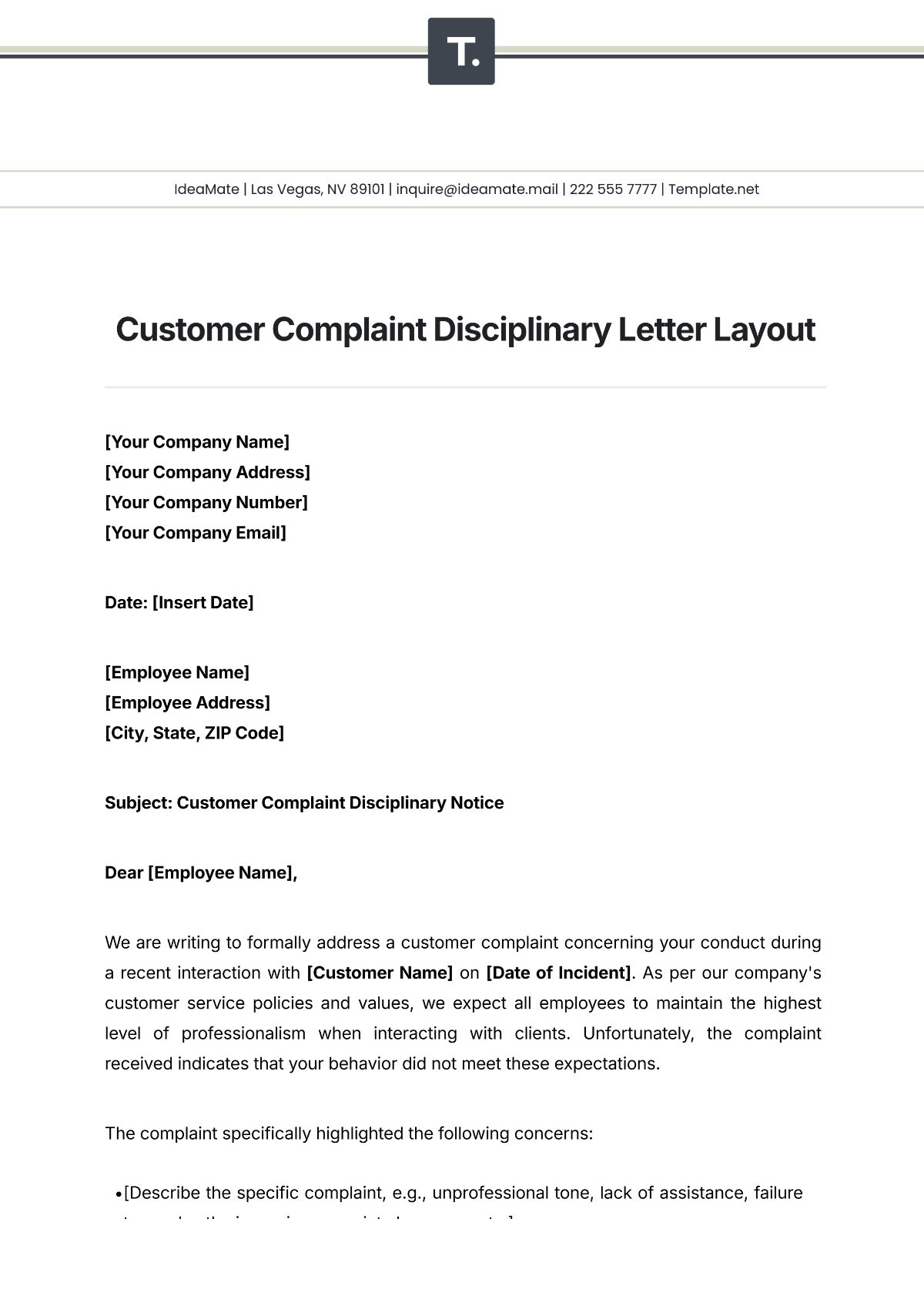 Customer Complaint Disciplinary Letter Layout Template - Edit Online & Download