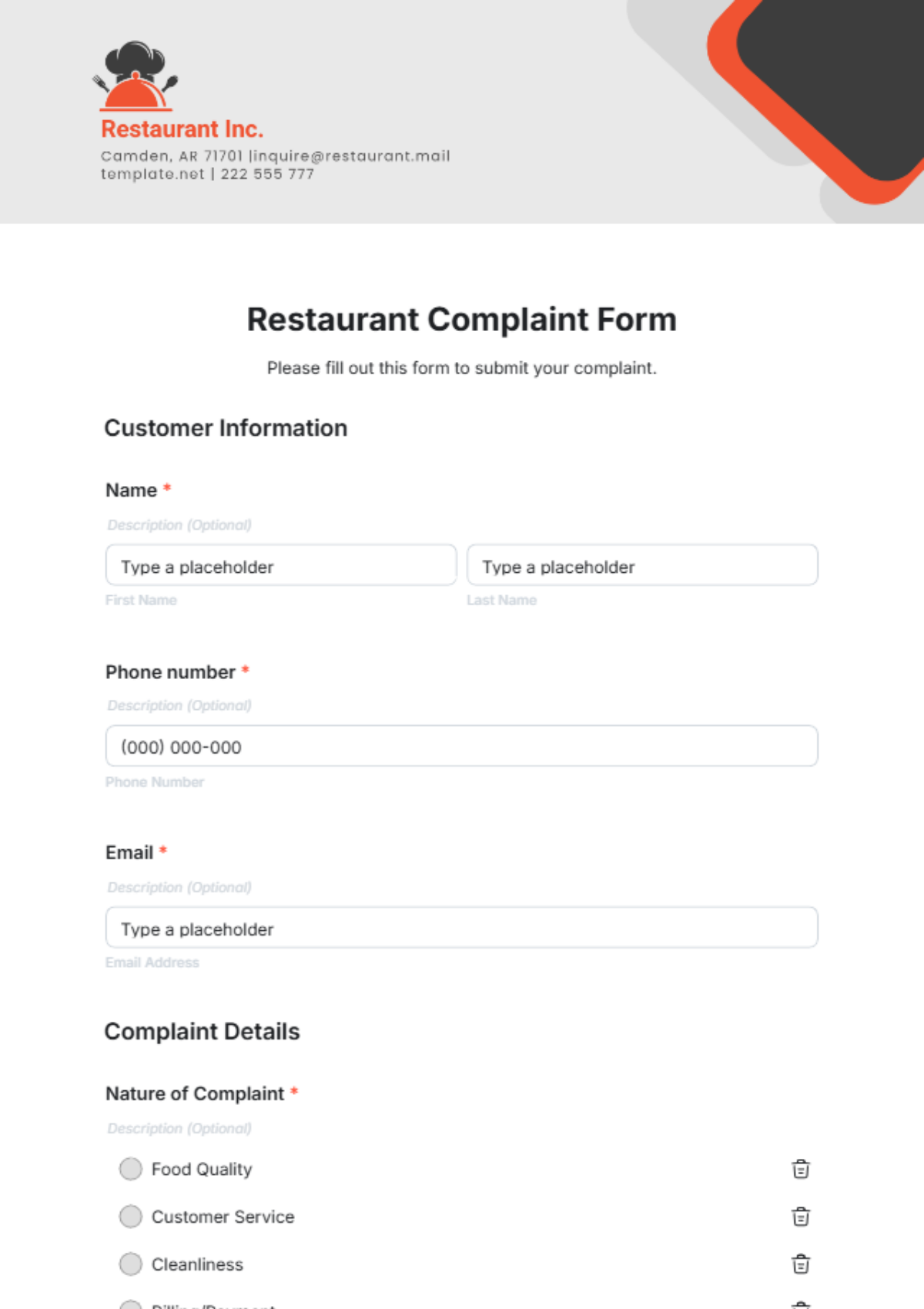 Restaurants Complaint Form Template - Edit Online & Download