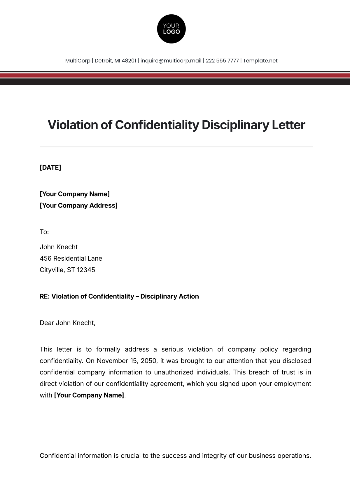 Violation of Confidentiality Disciplinary Letter Template - Edit Online & Download