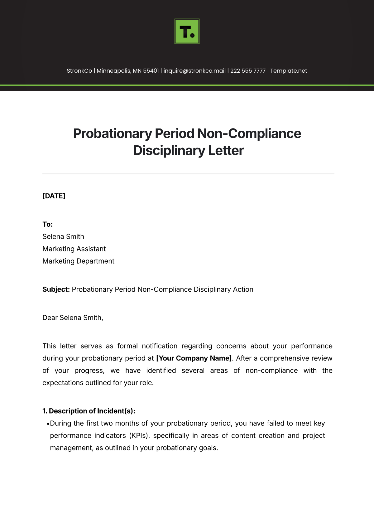 Probationary Period Non-Compliance Disciplinary Letter Template - Edit Online & Download