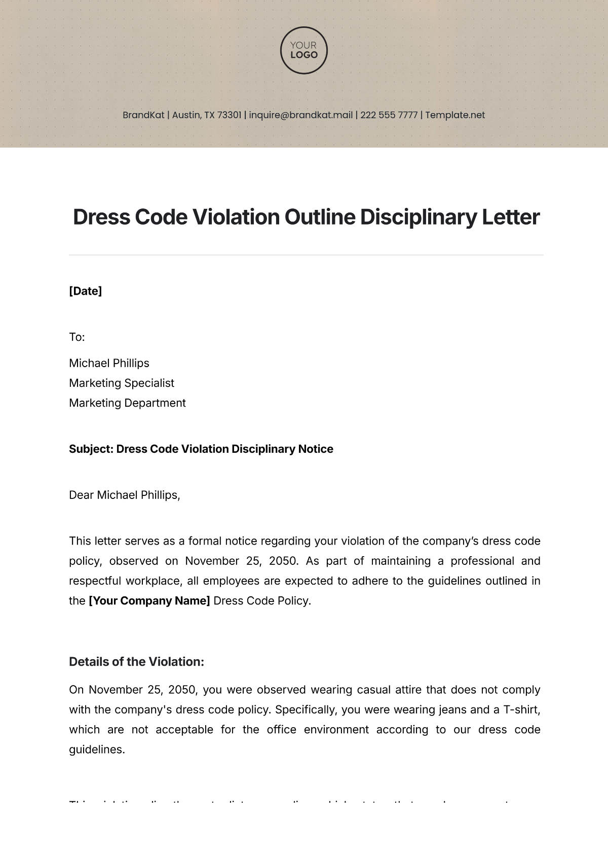 Dress Code Violation Outline Disciplinary Letter Template - Edit Online & Download