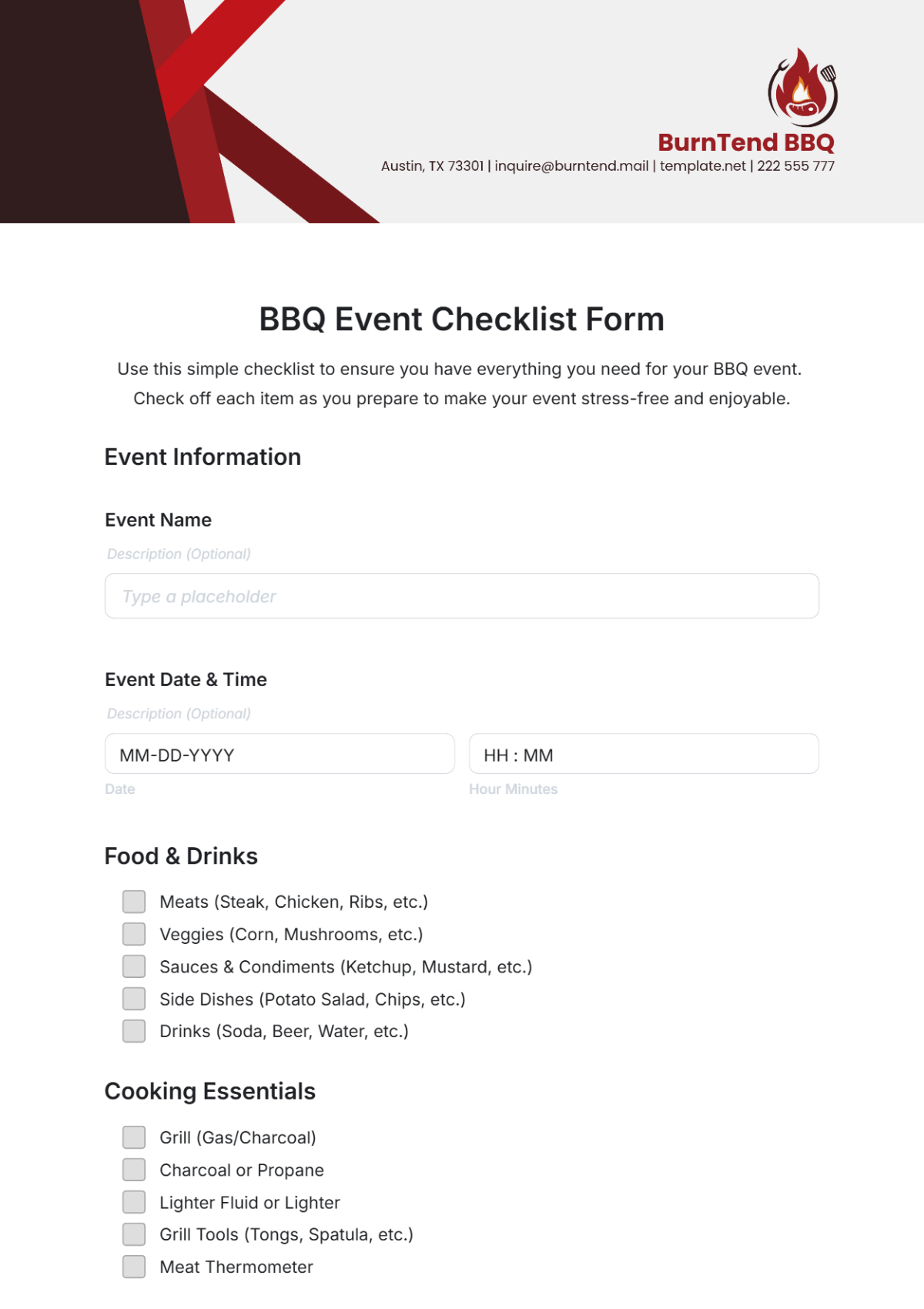 BBQ Event Checklist Form Template - Edit Online & Download