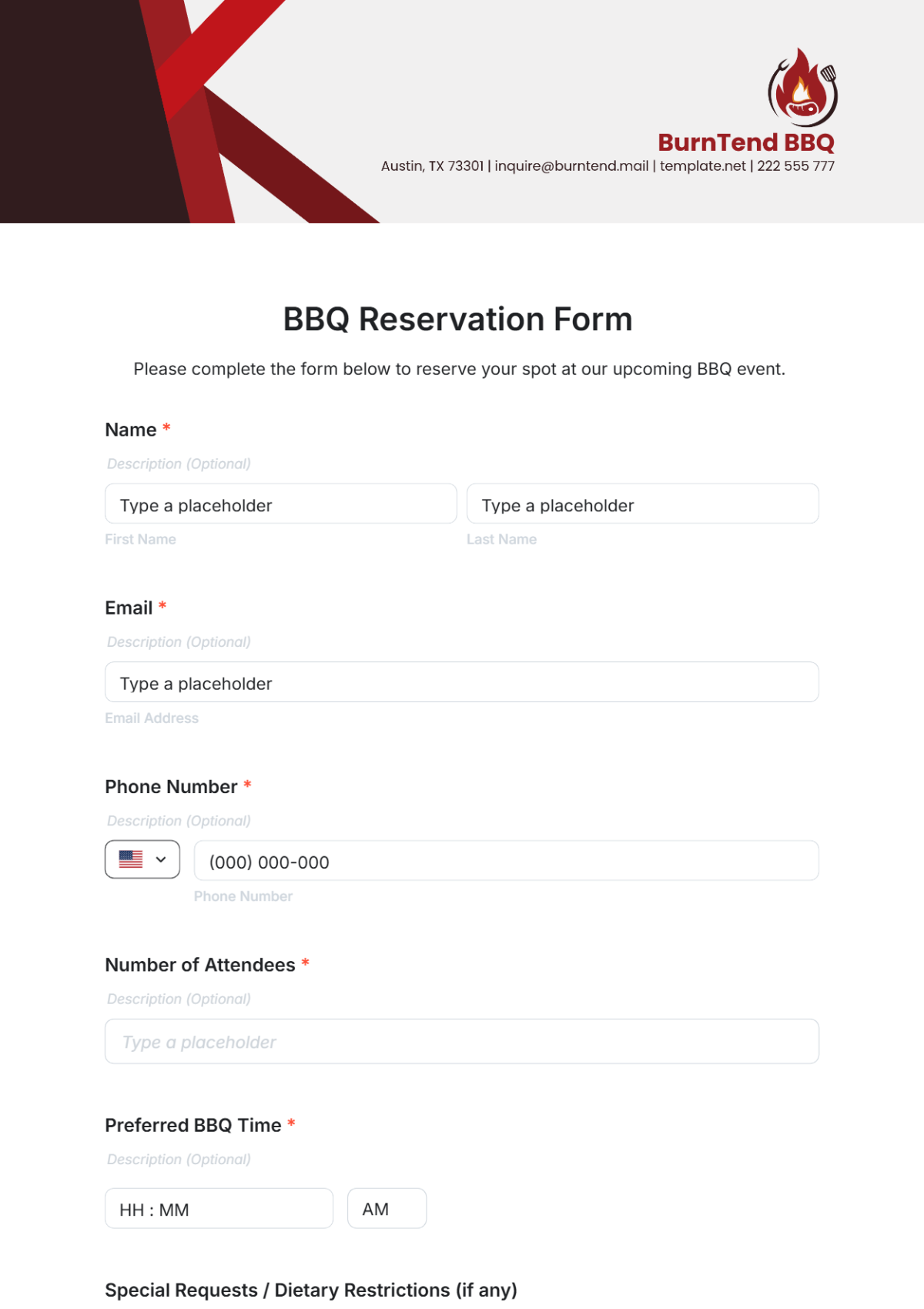 BBQ Reservation Form Template - Edit Online & Download