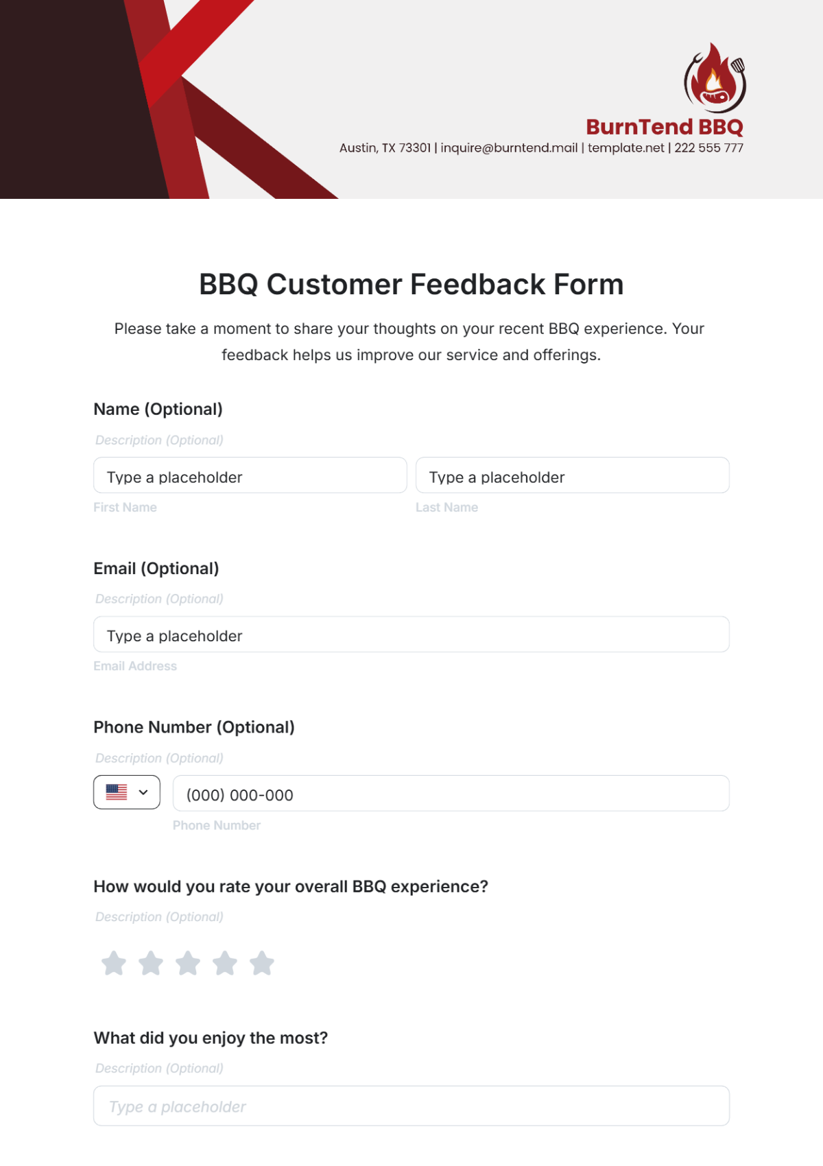 BBQ Customer Feedback Form Template - Edit Online & Download