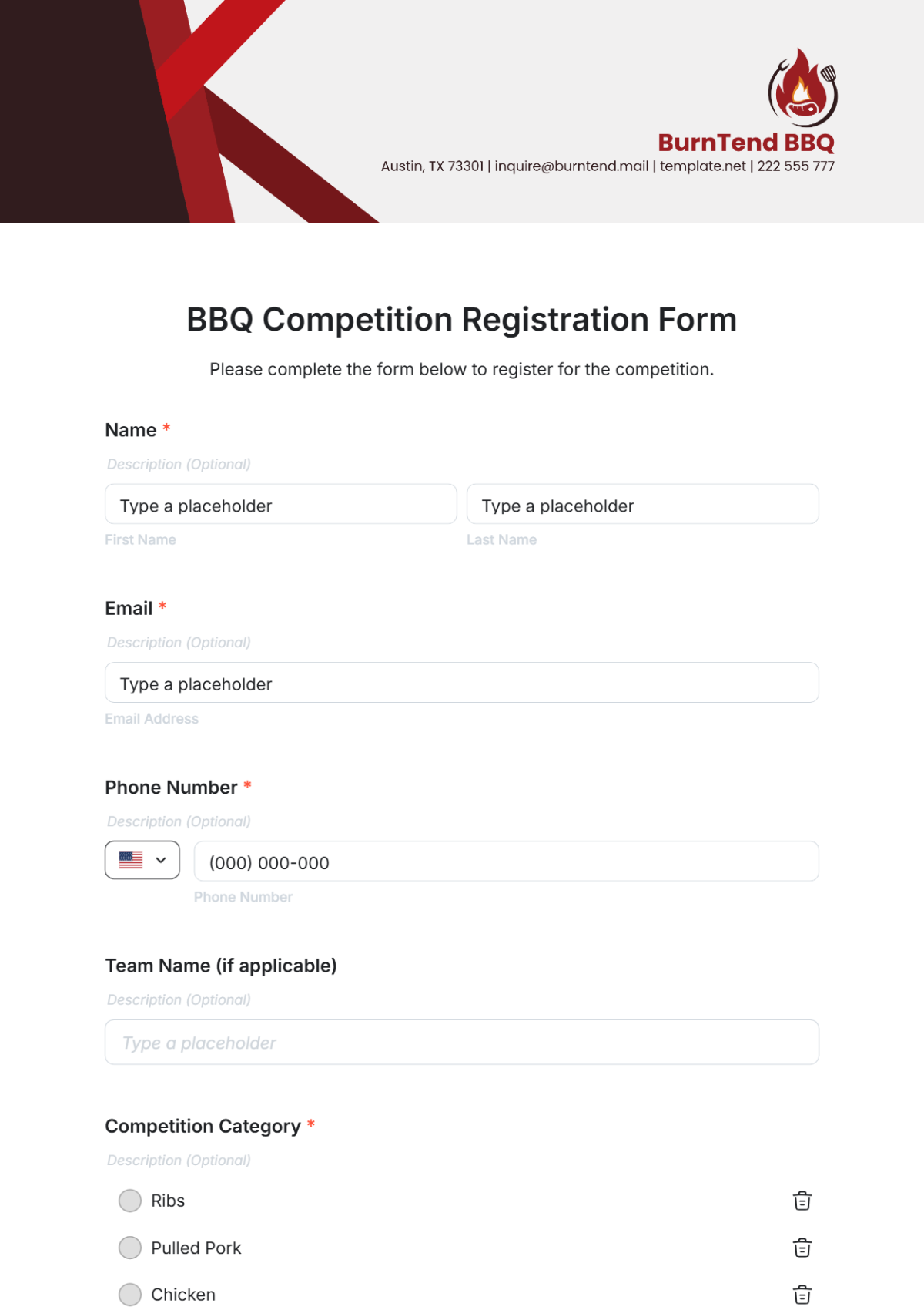 BBQ Competition Registration Form Template - Edit Online & Download