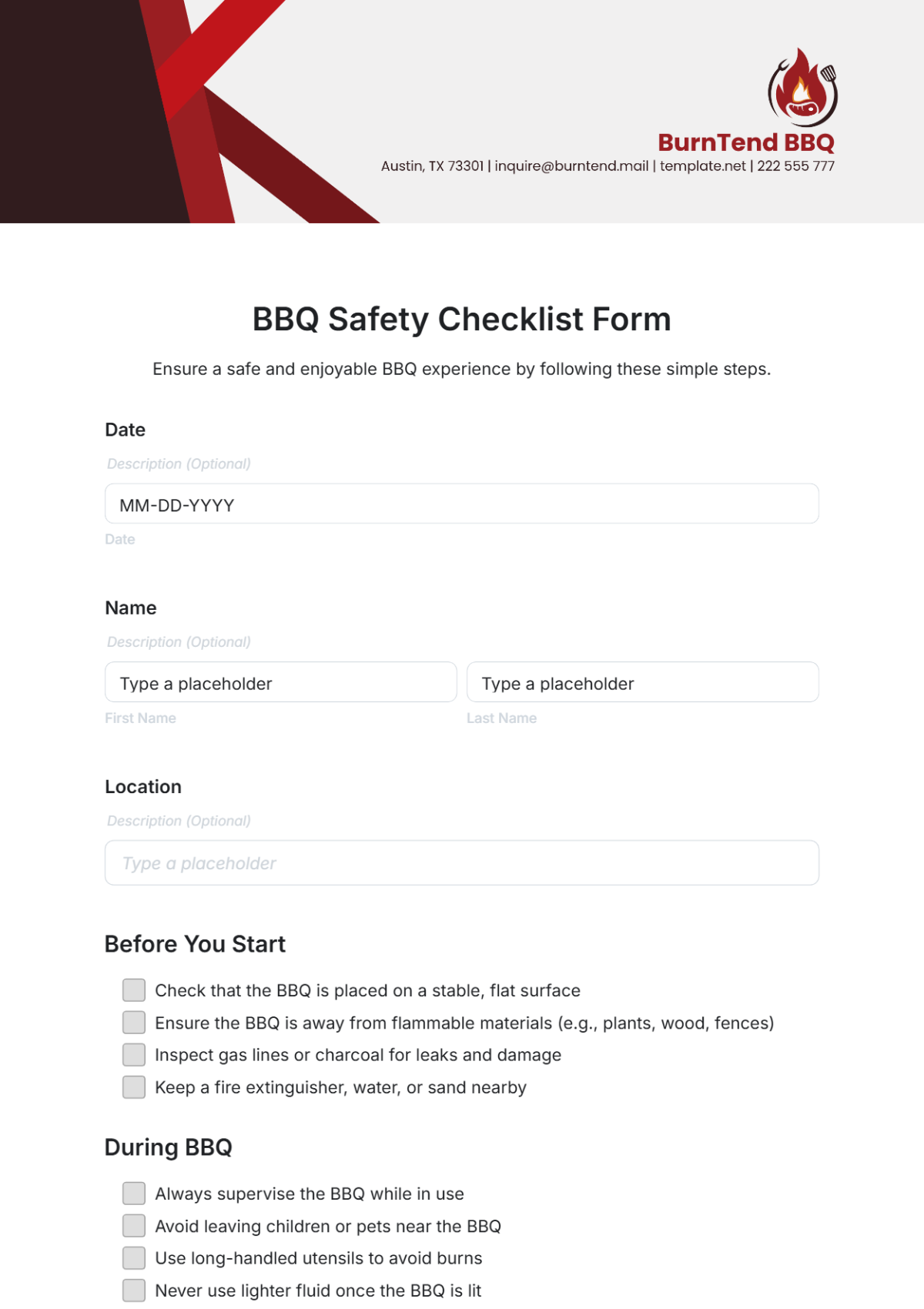 BBQ Safety Checklist Form Template - Edit Online & Download