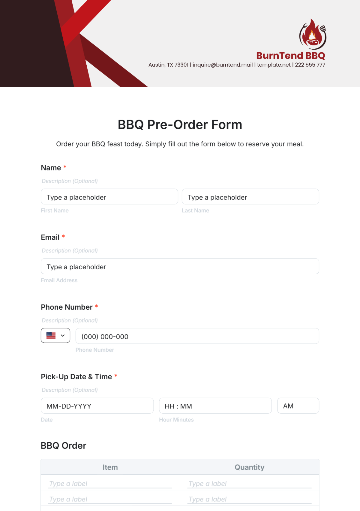 BBQ Pre-Order Form Template - Edit Online & Download