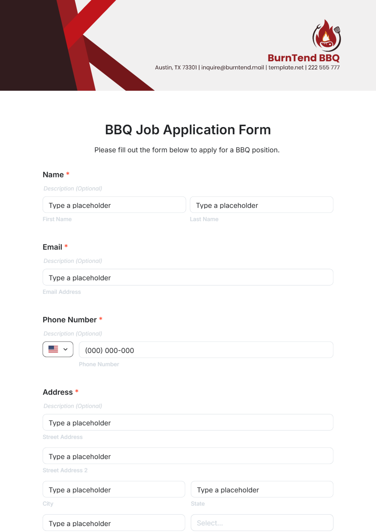 BBQ Job Application Form Template - Edit Online & Download