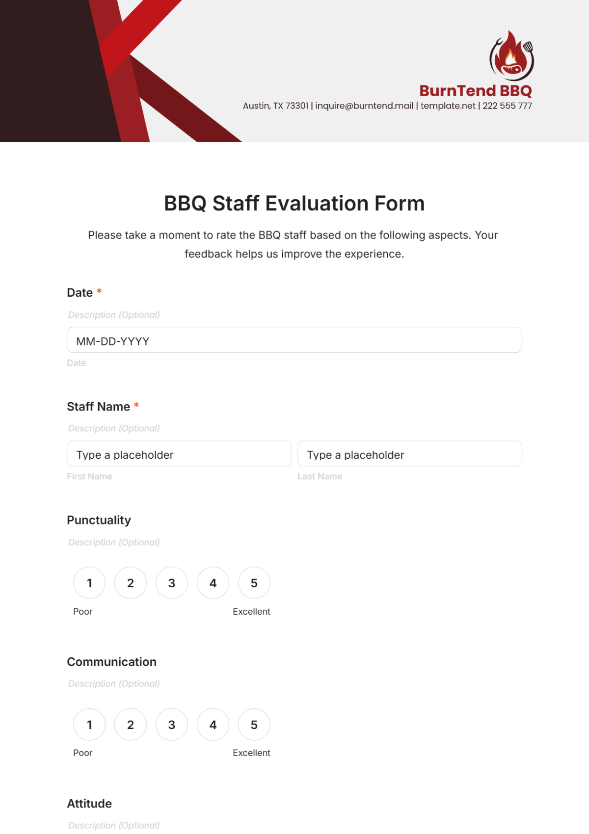 BBQ Staff Evaluation Form Template - Edit Online & Download