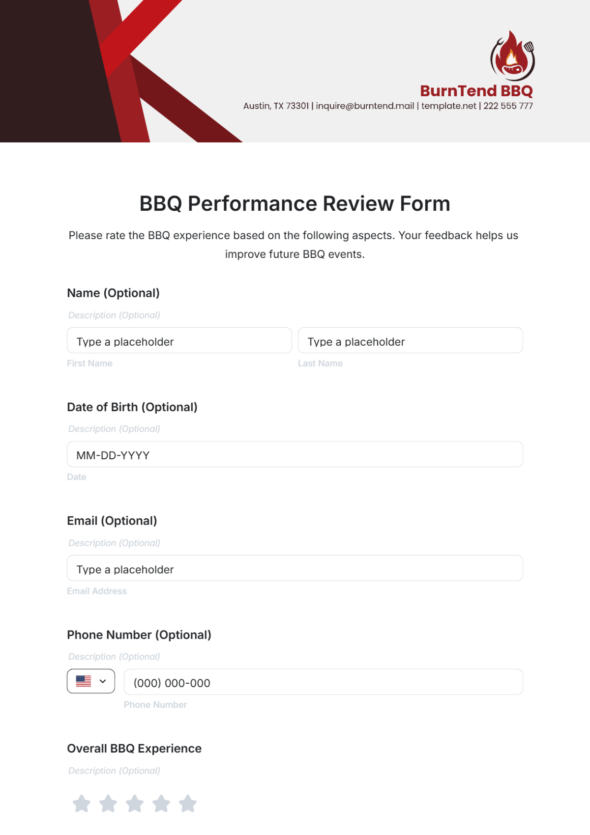 BBQ Performance Review Form Template - Edit Online & Download