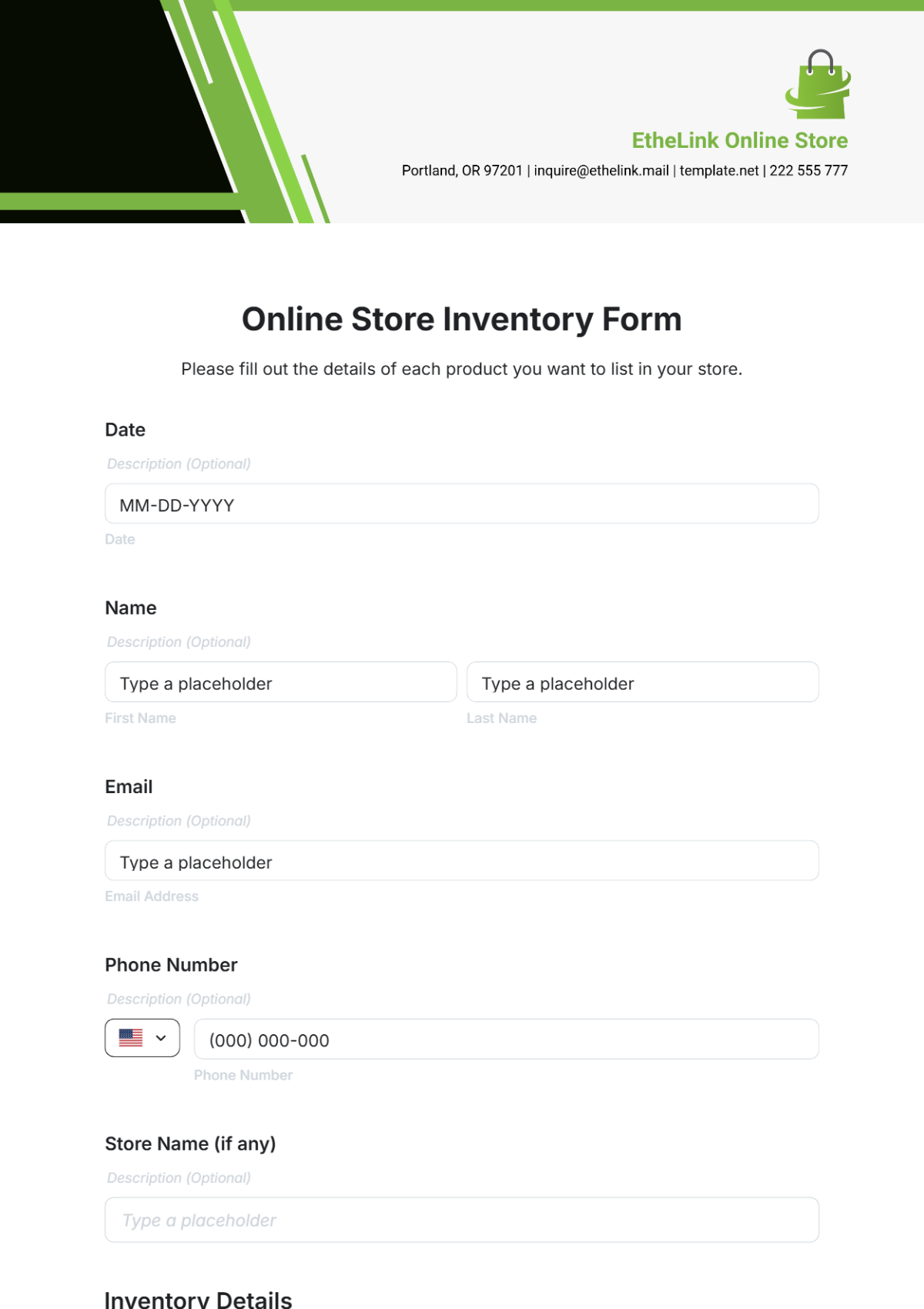 Online Store Inventory Form Template - Edit Online & Download