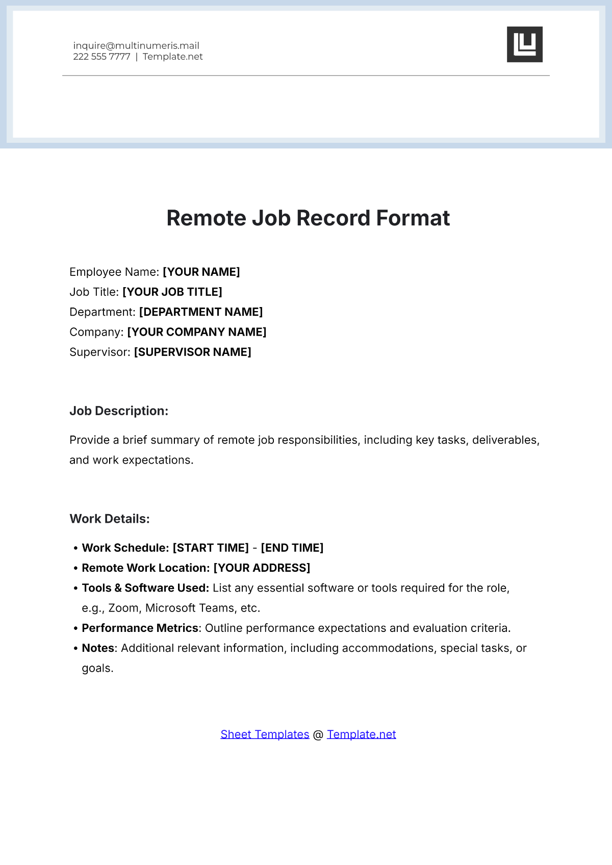 Remote Job Record Format Template - Edit Online & Download