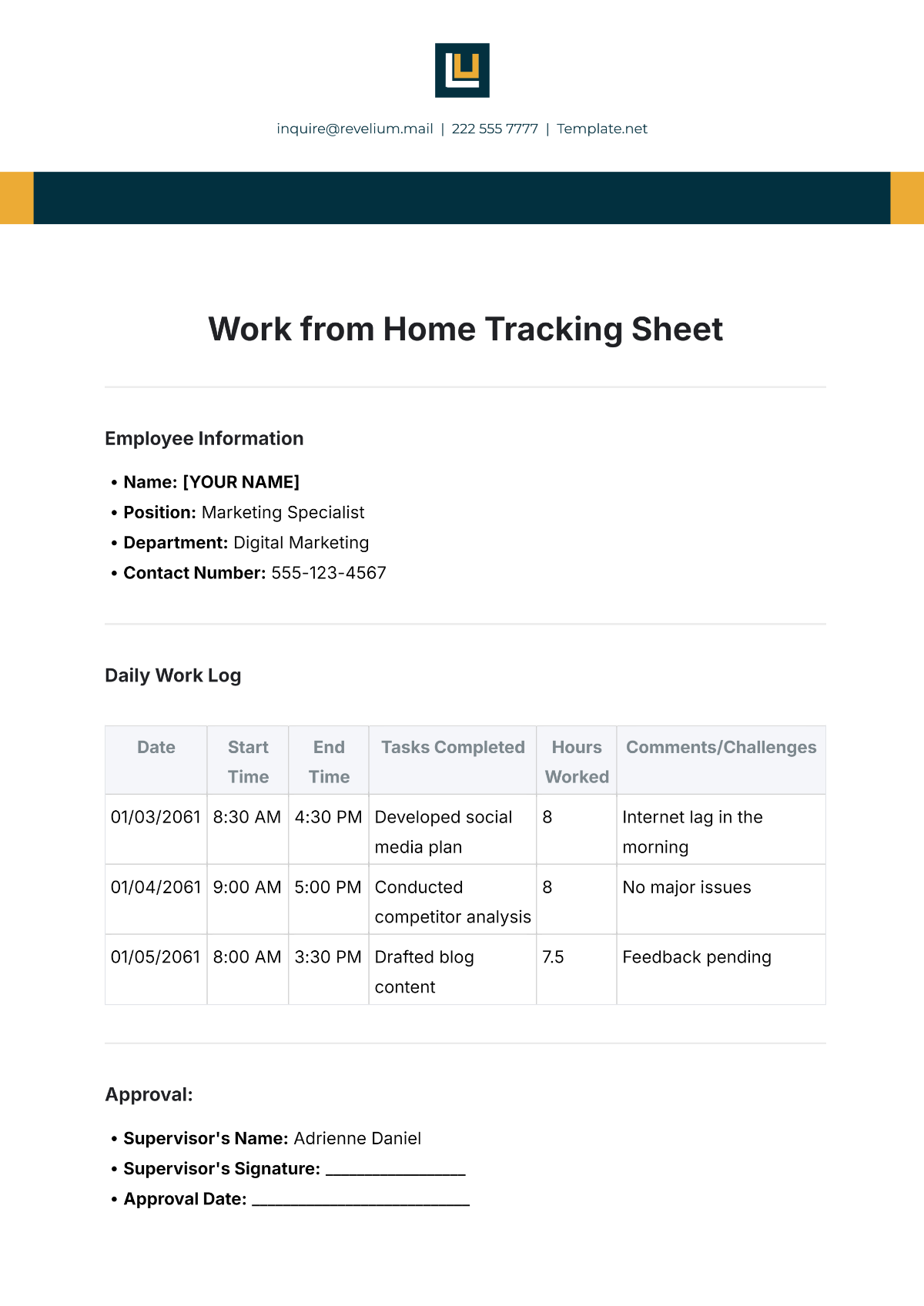 Work from Home Tracking Sheet Template - Edit Online & Download