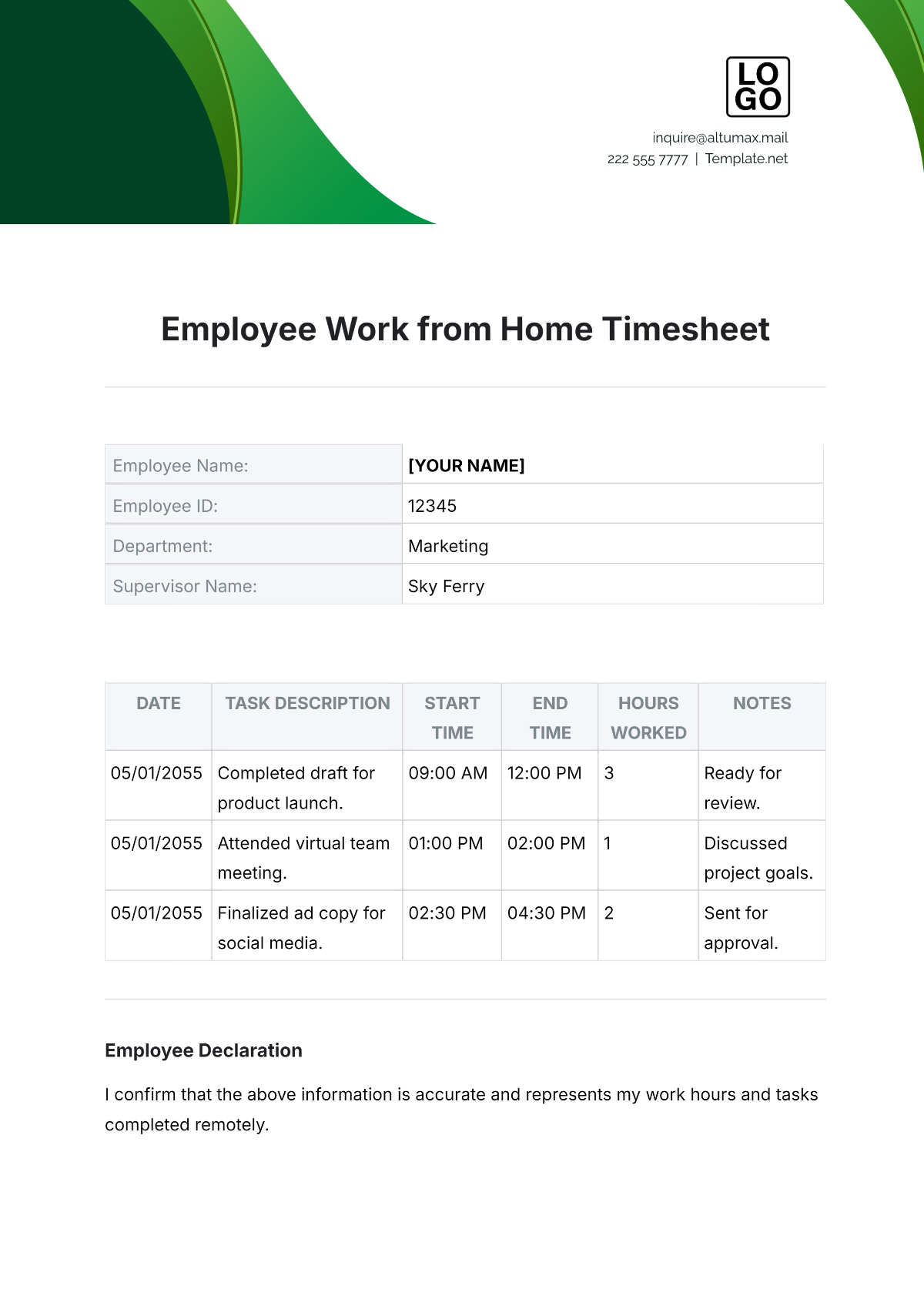 Employee Work from Home Timesheet Template - Edit Online & Download