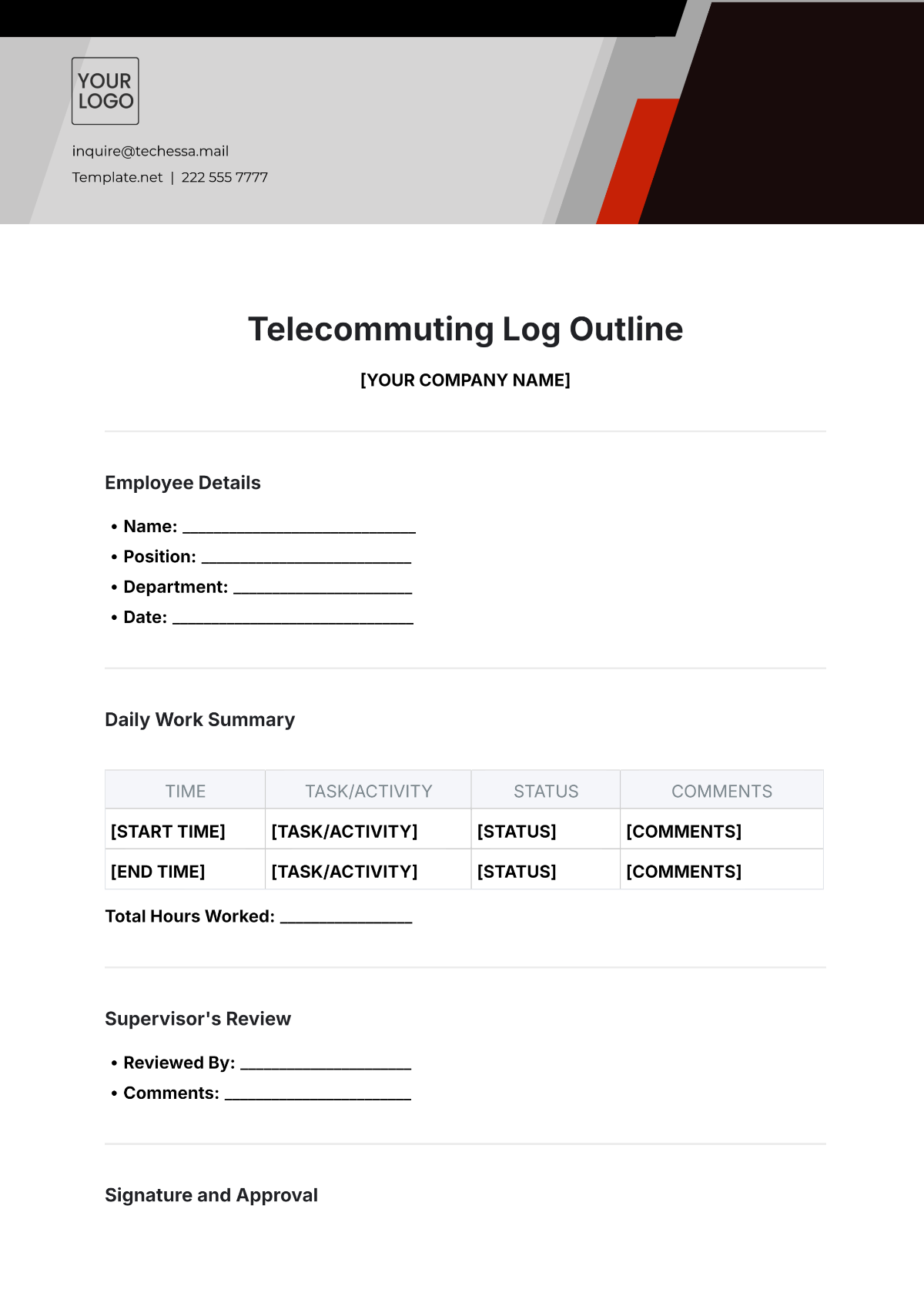 Telecommuting Log Outline Template - Edit Online & Download