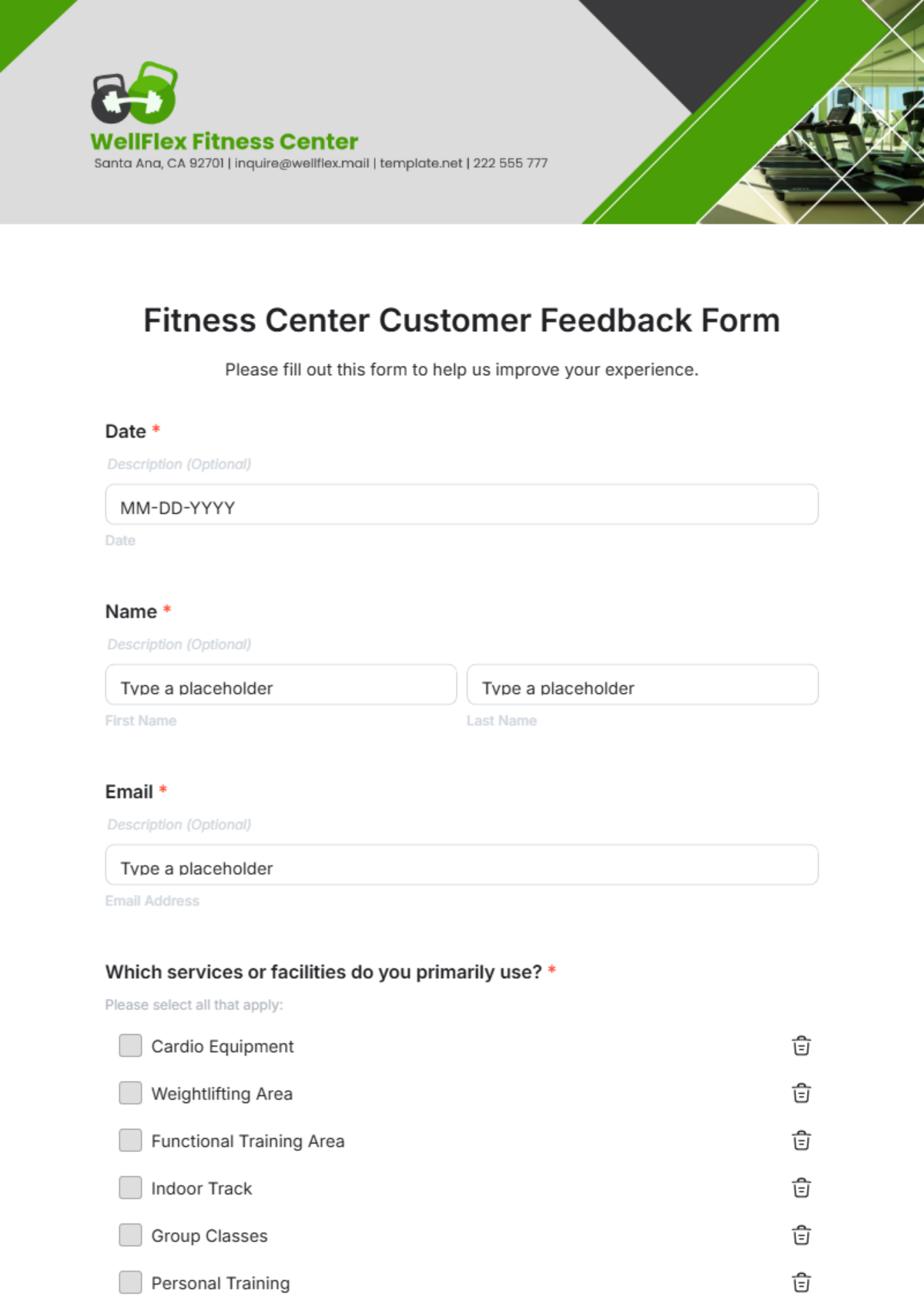 Free Fitness Center Customer Feedback Form Template to Edit Online