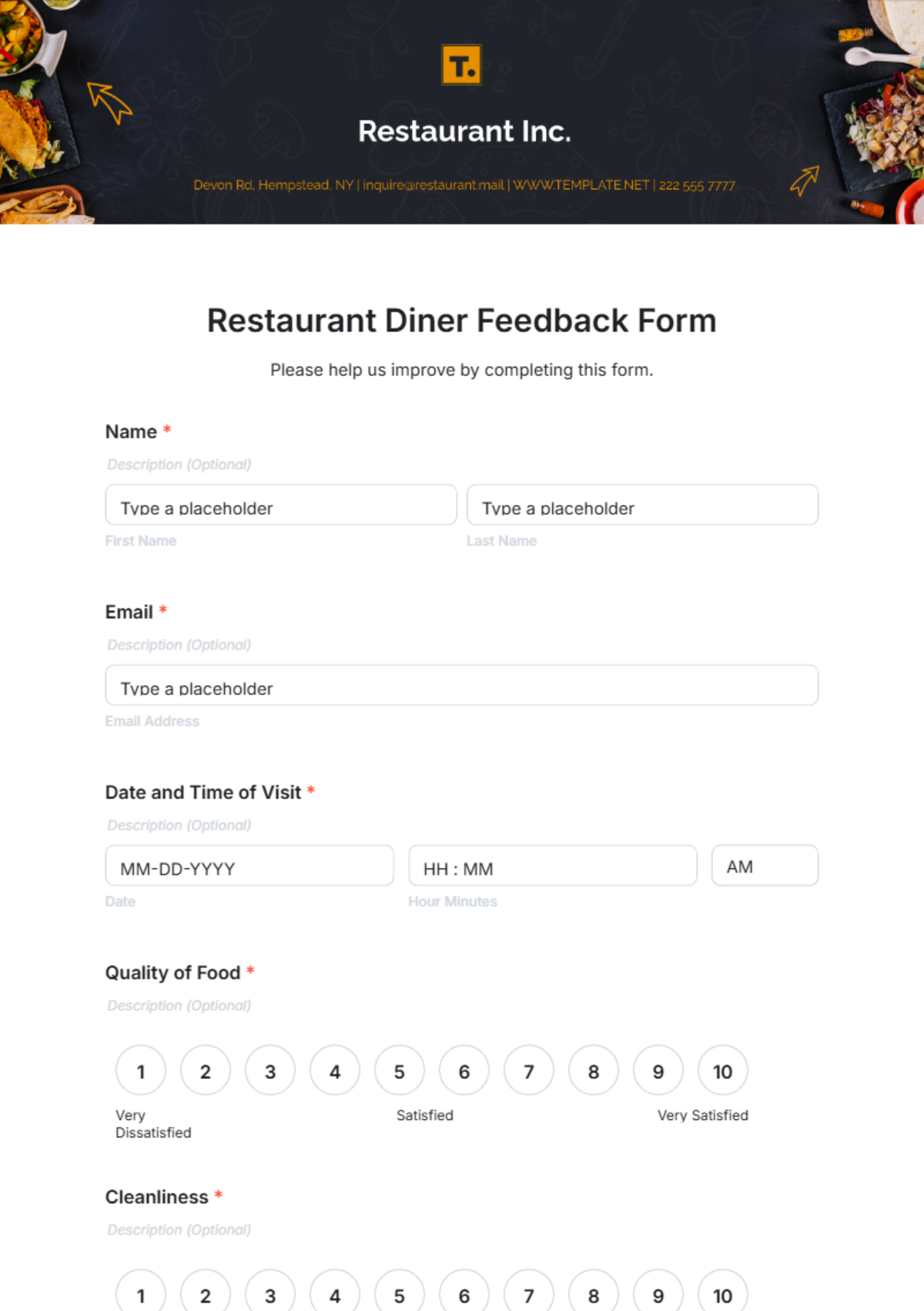 Restaurant Diner Feedback Form Template - Edit Online & Download