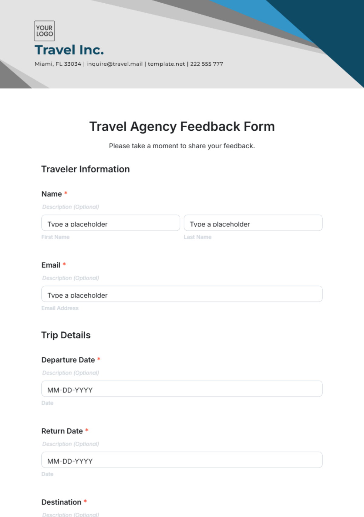 Travel Agency Feedback Form Template - Edit Online & Download