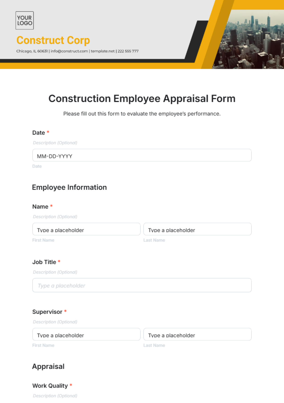 Construction Employee Appraisal Form Template - Edit Online & Download