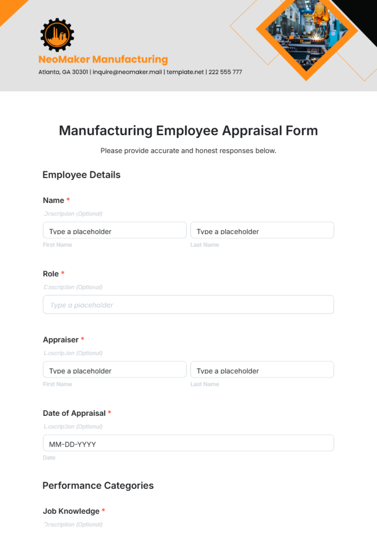 Manufacturing Employee Appraisal Form Template - Edit Online & Download