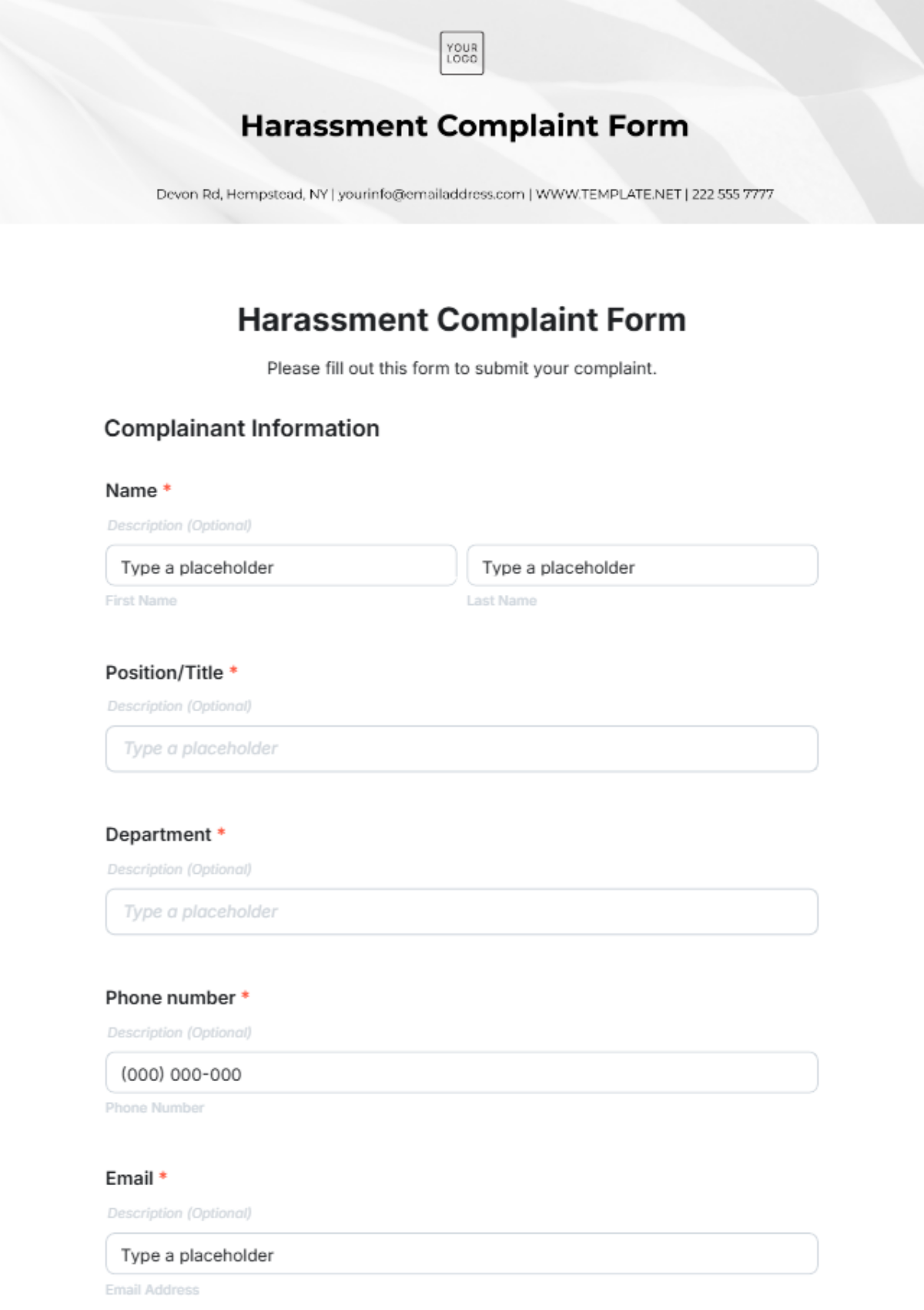 Harassment Complaint Form Template - Edit Online & Download