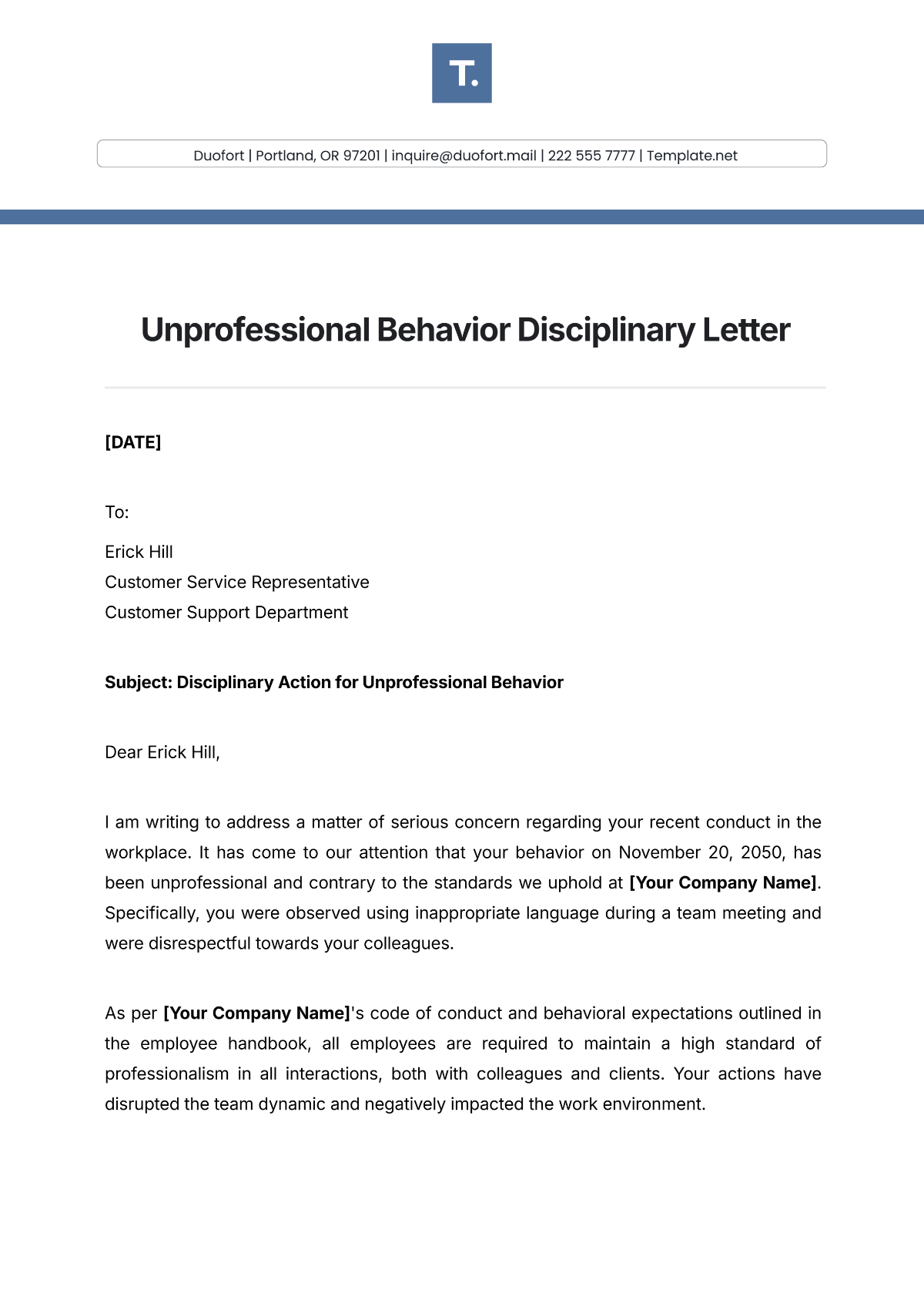 Unprofessional Behavior Disciplinary Letter Template - Edit Online & Download