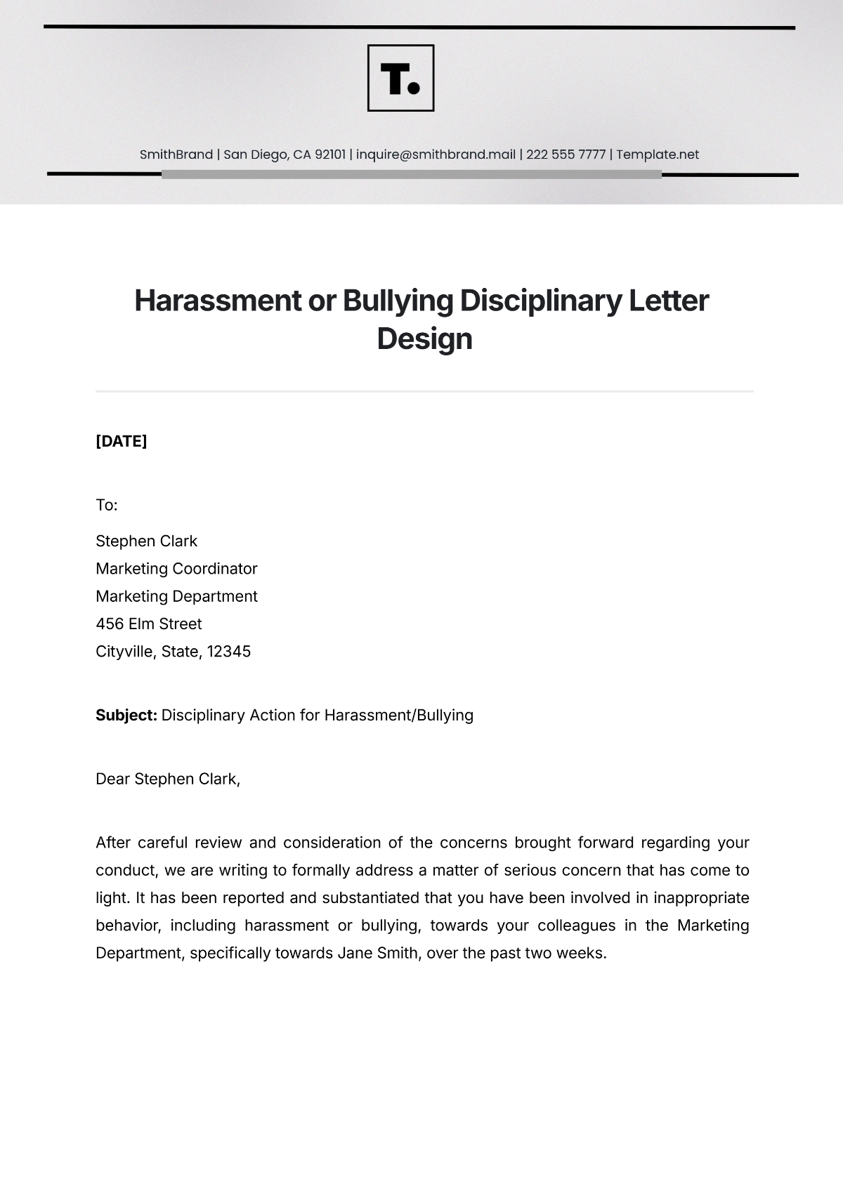 Harassment or Bullying Disciplinary Letter Design Template - Edit Online & Download