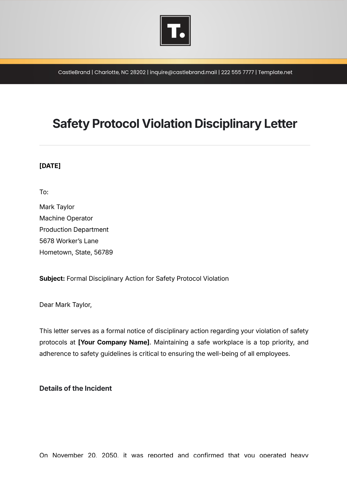 Safety Protocol Violation Disciplinary Letter Template - Edit Online & Download