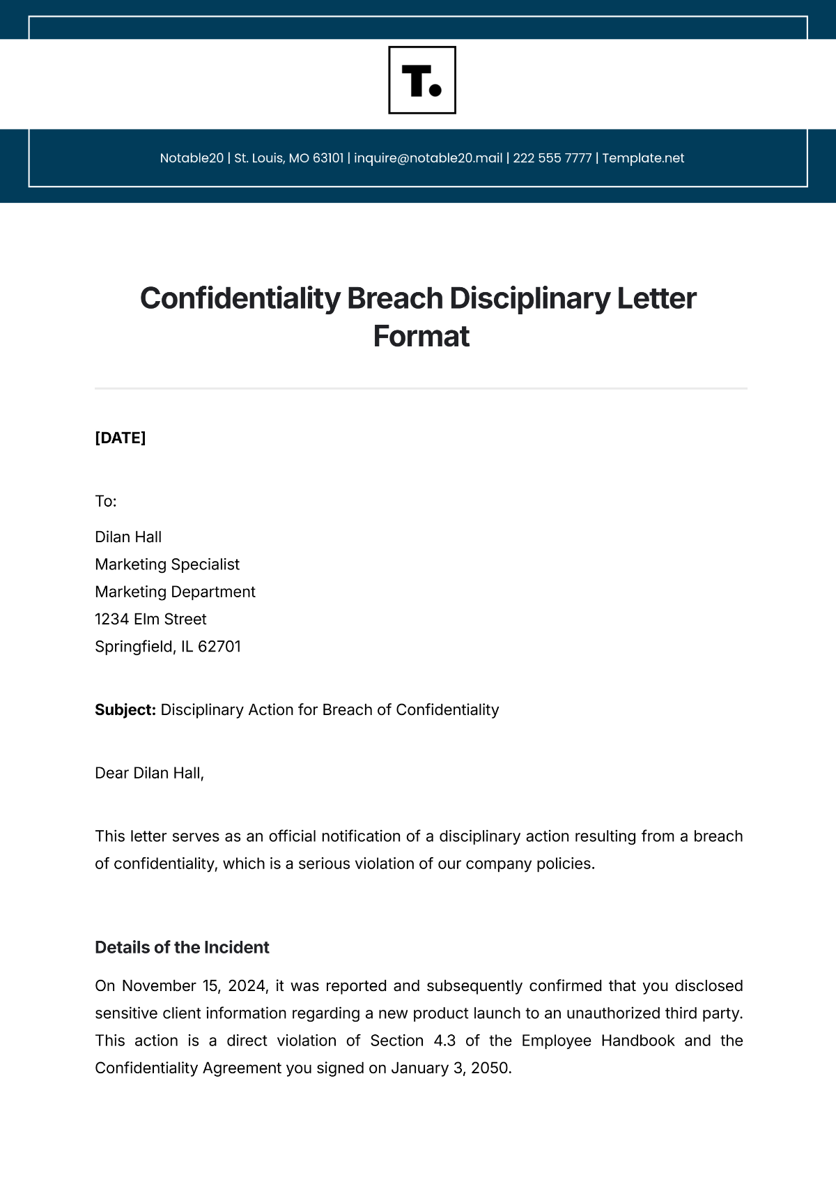 Confidentiality Breach Disciplinary Letter Format Template - Edit Online & Download