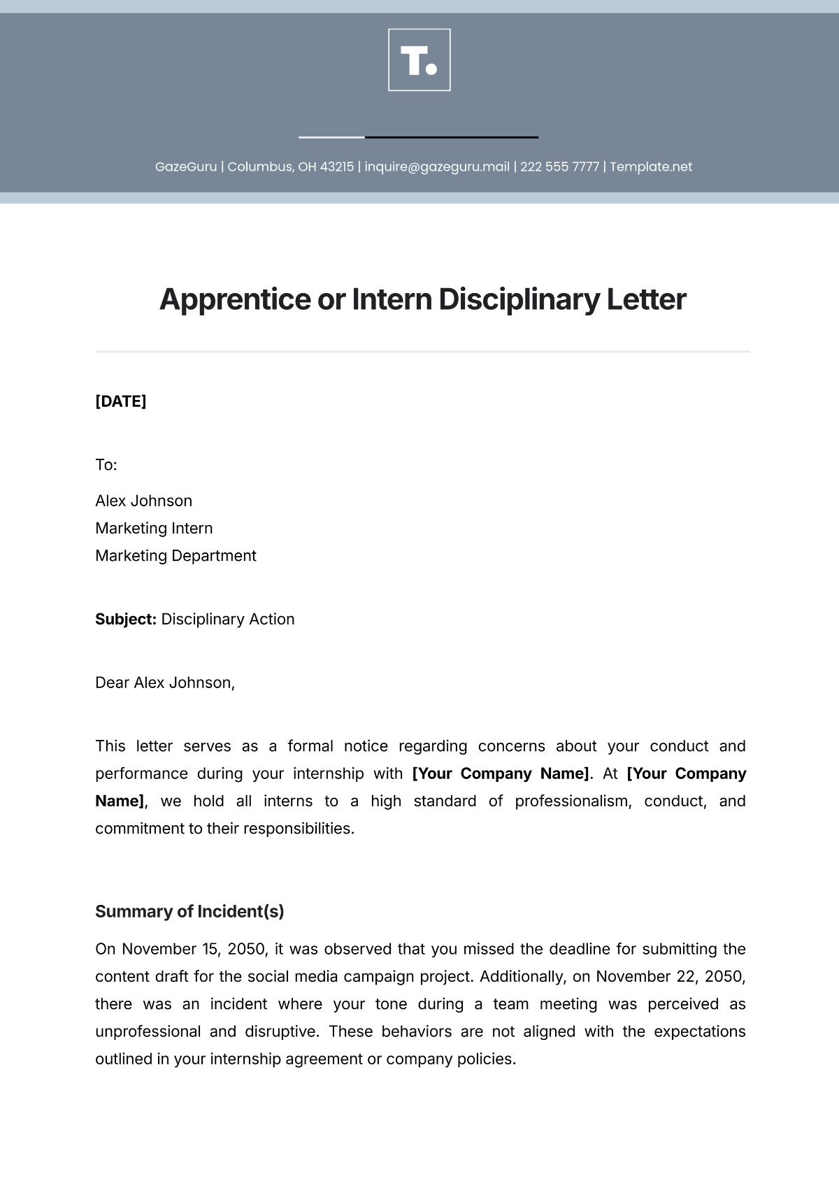 Apprentice or Intern Disciplinary Letter Template - Edit Online & Download