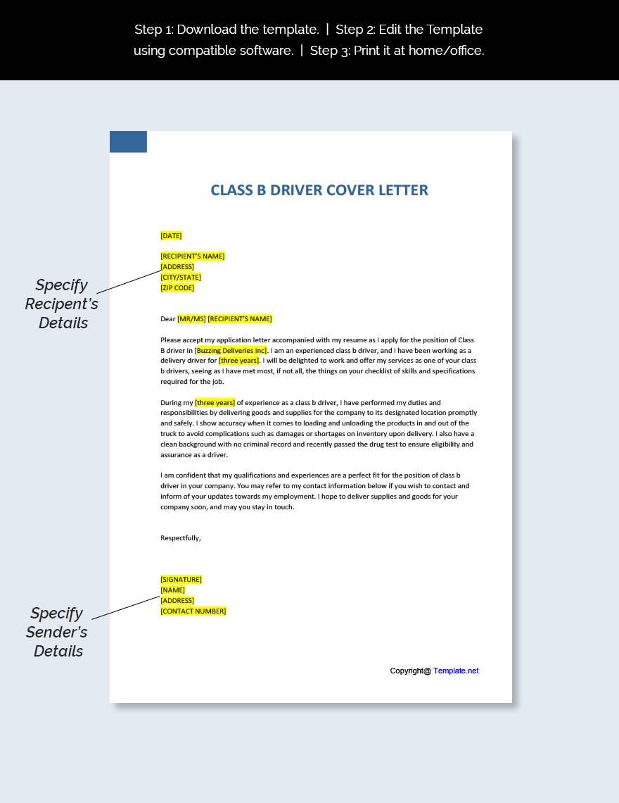 Class B Driver Cover Letter Template