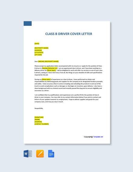 Class B Driver Cover Letter
