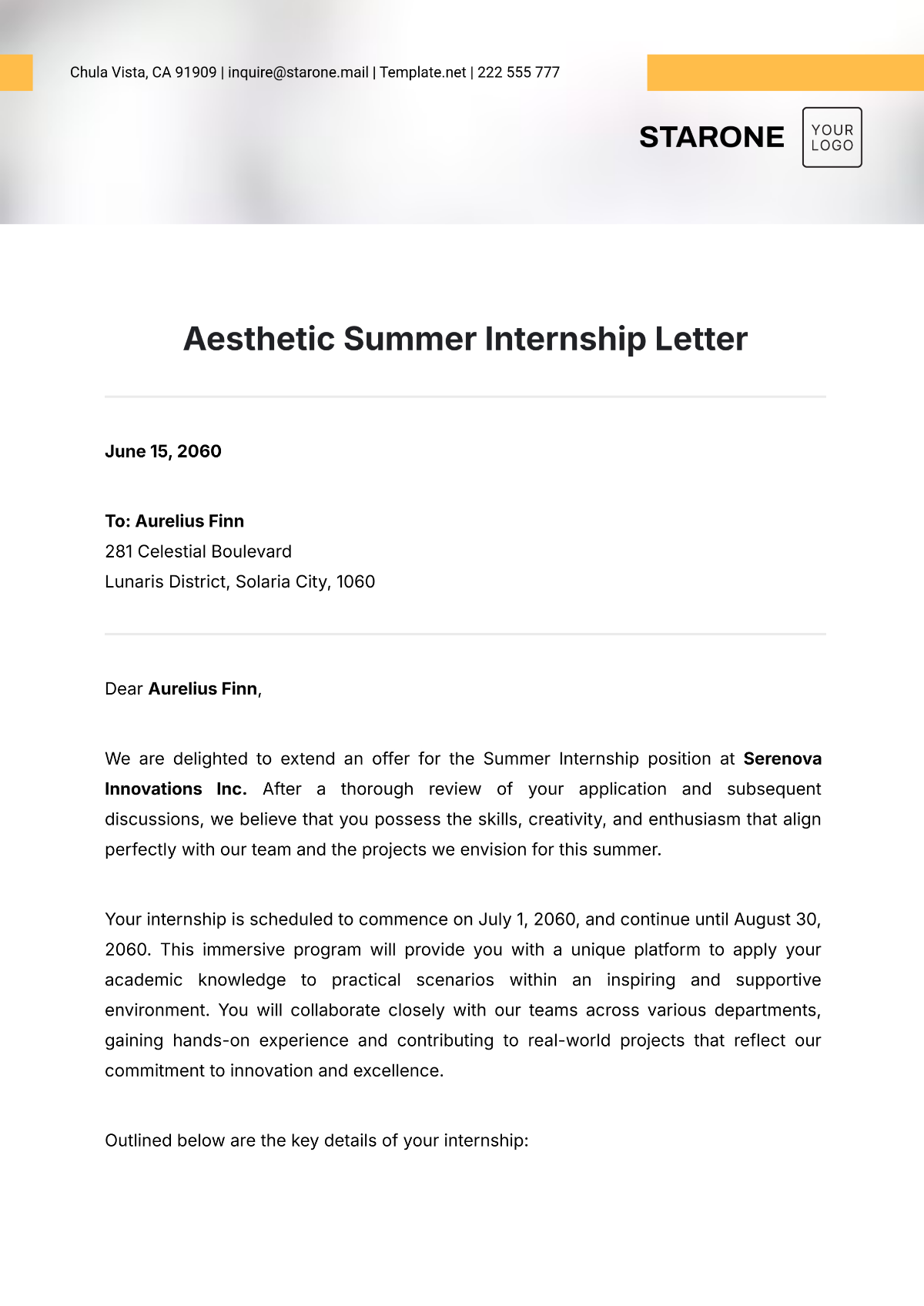 Aesthetic Summer Internship Letter Template - Edit Online & Download