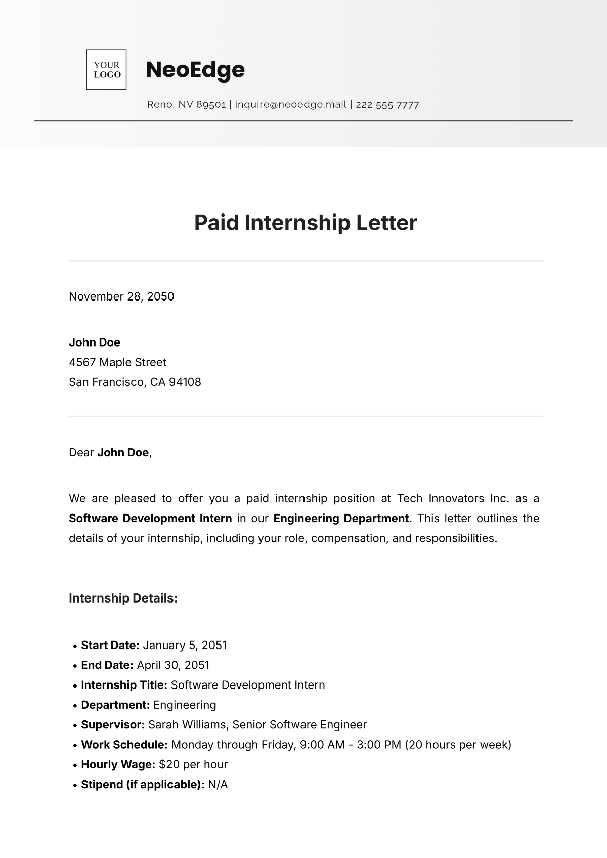 Paid Internship Letter Template - Edit Online & Download