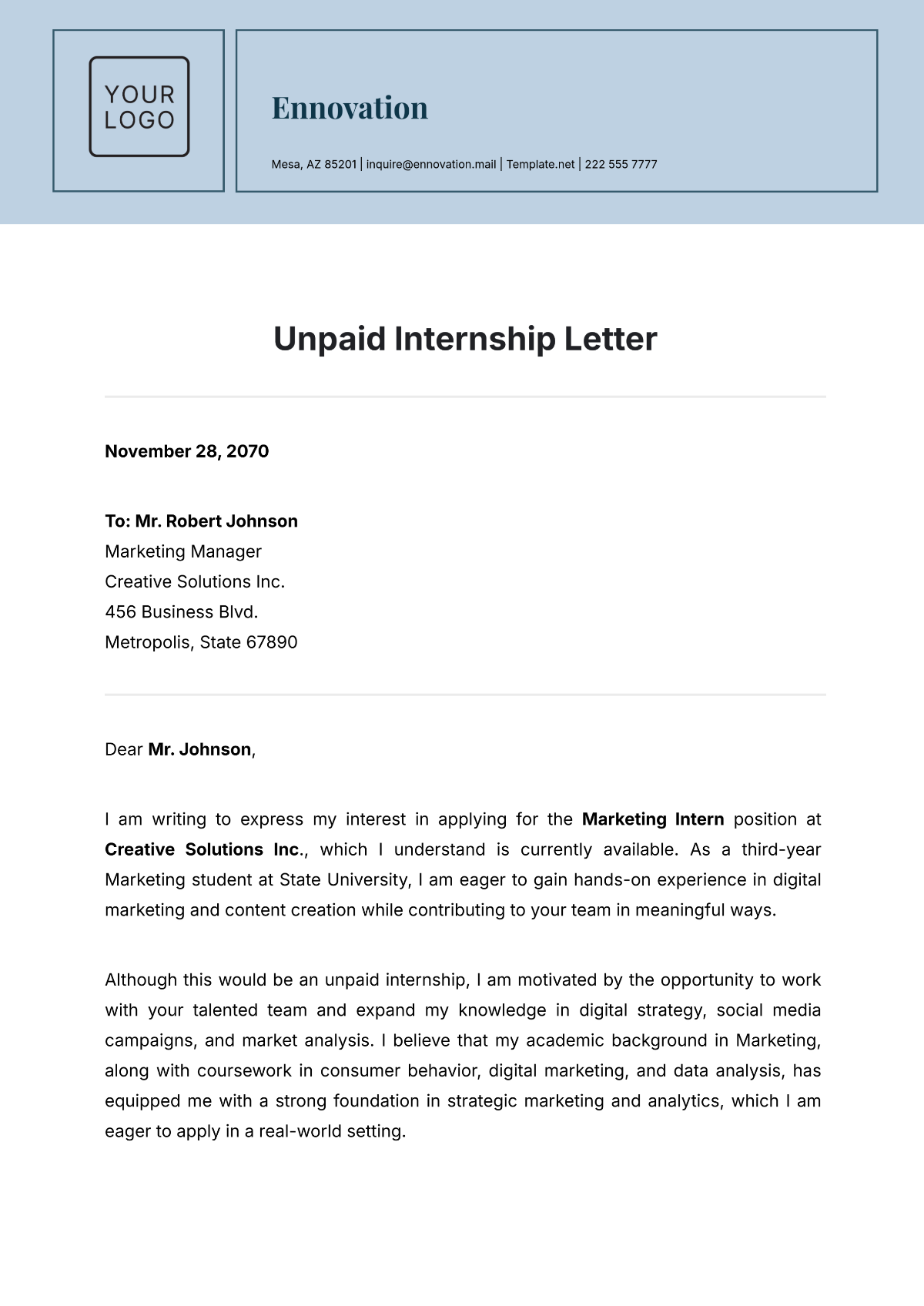 Unpaid Internship Letter Template - Edit Online & Download