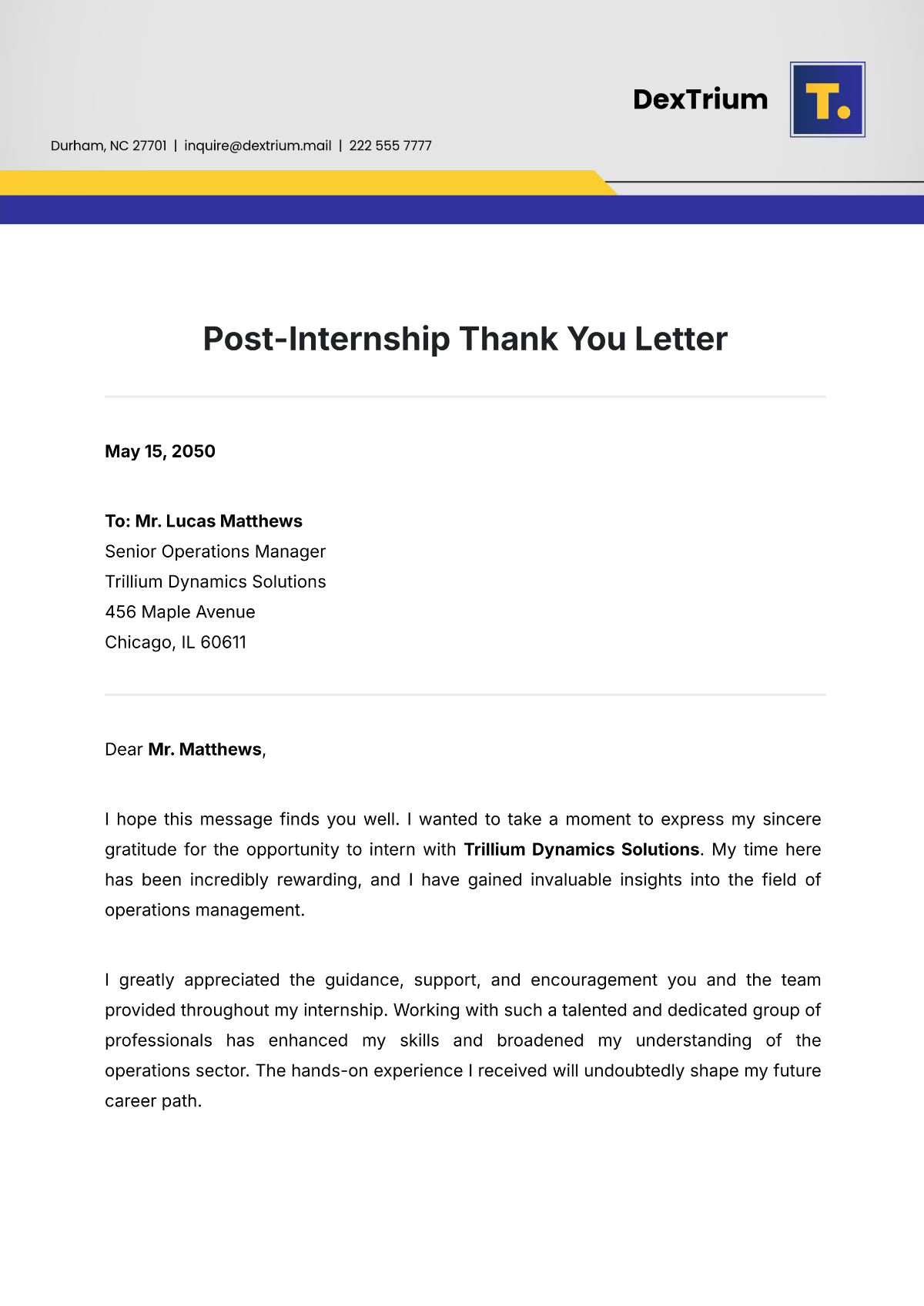 Post-Internship Thank You Letter Template - Edit Online & Download