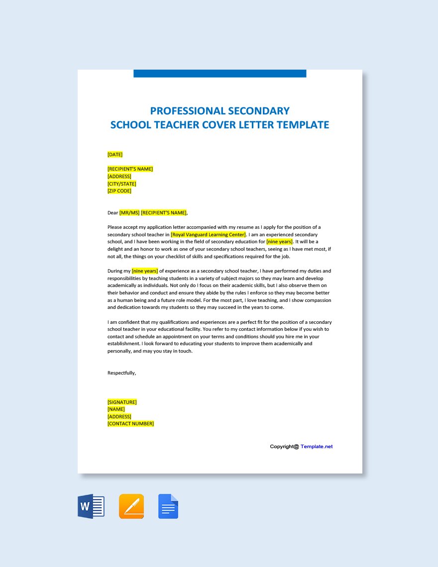 Free Professional Secondary School Teacher Cover Letter Template