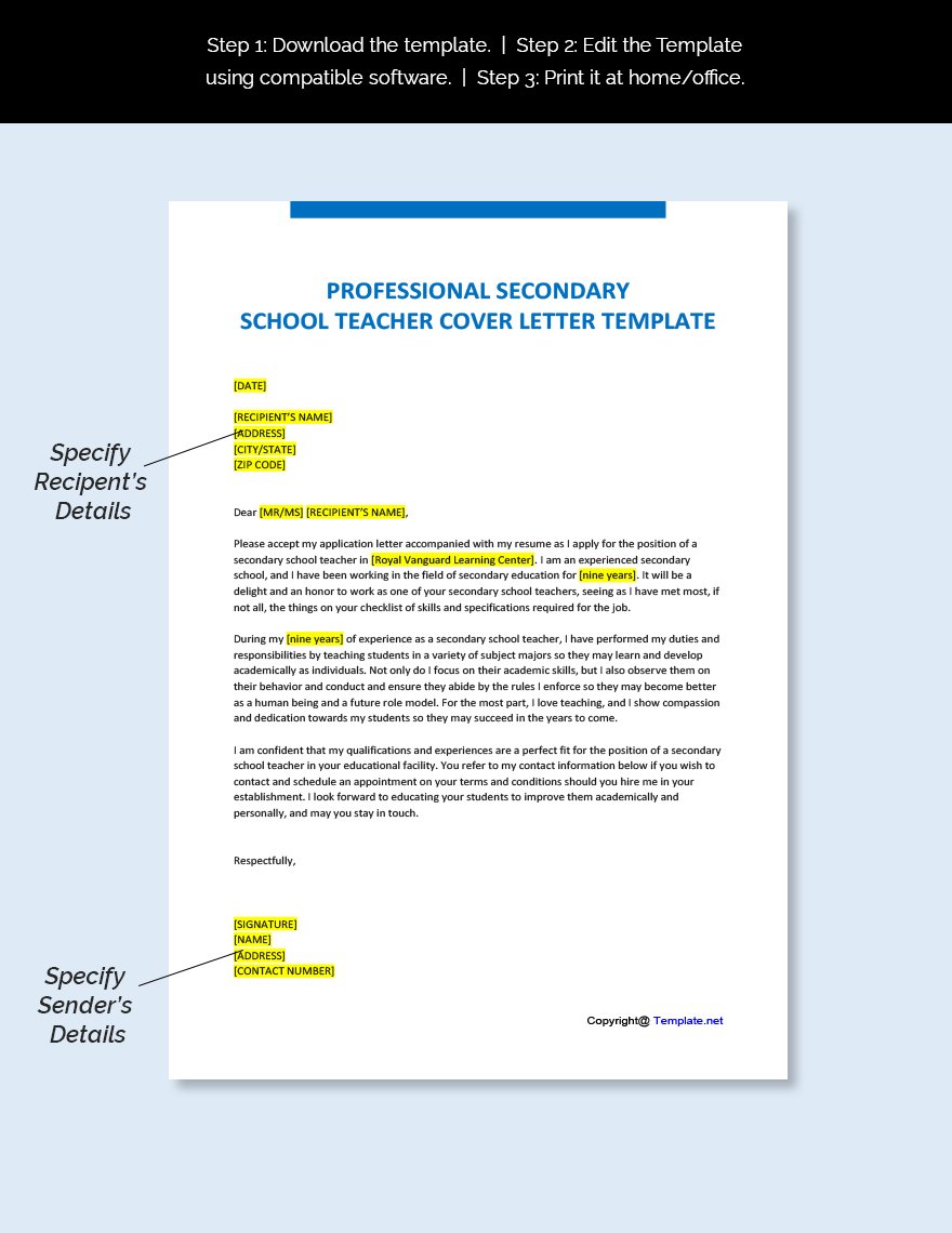 Professional Secondary School Teacher Cover Letter Template