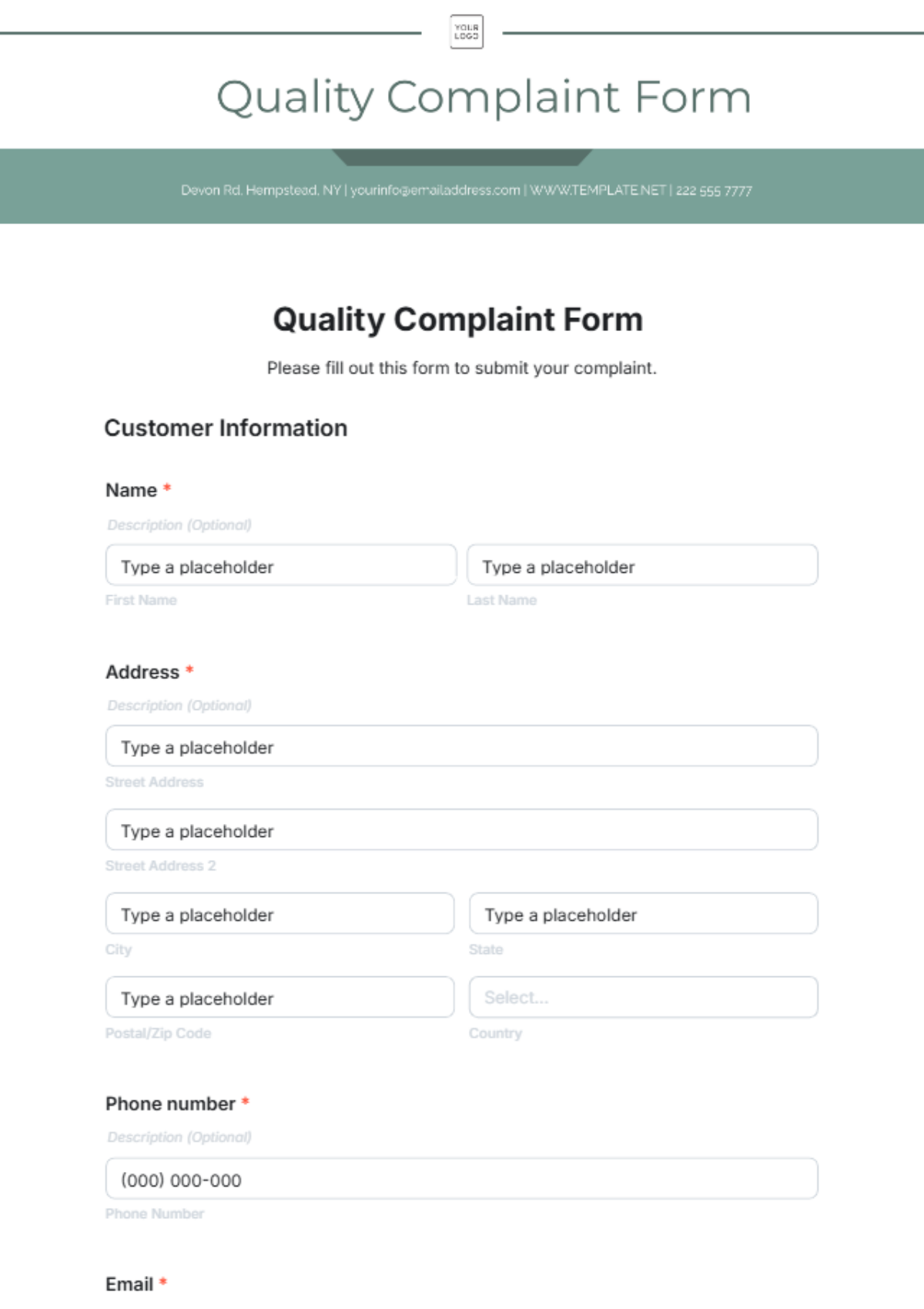 Quality Complaint Form Template - Edit Online & Download