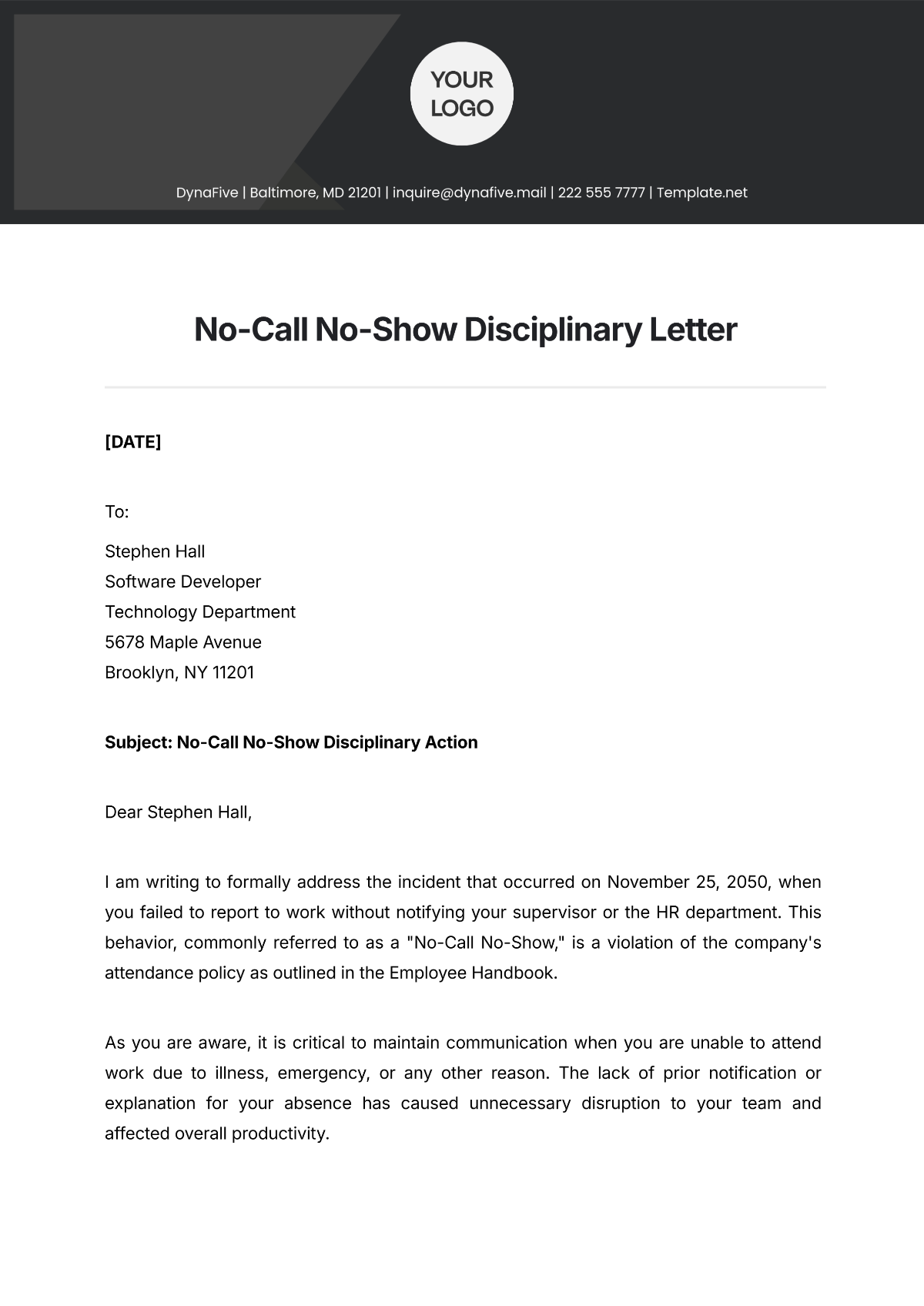 No-Call No-Show Disciplinary Letter Template - Edit Online & Download