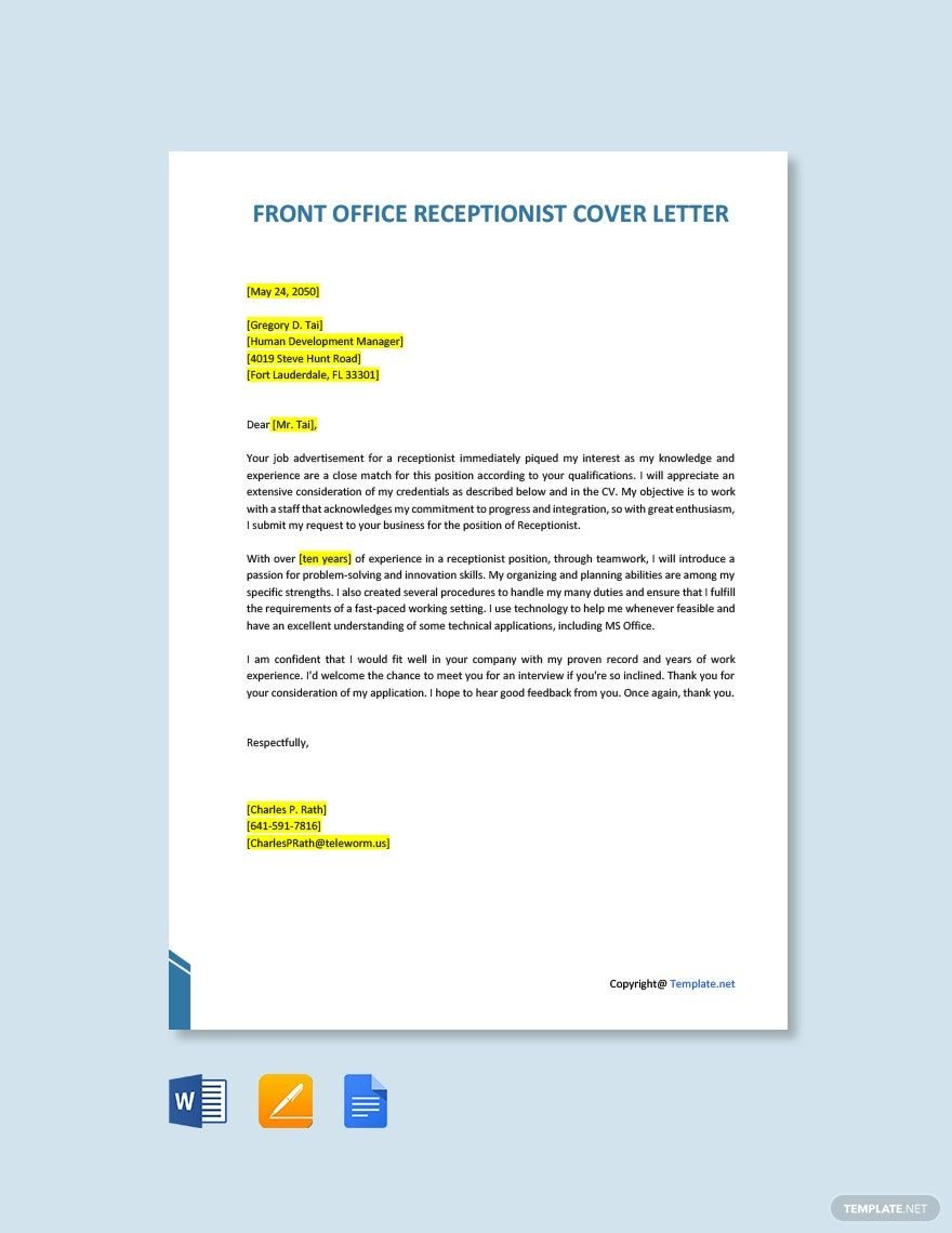 Front Office Executive Receptionist Cover Letter