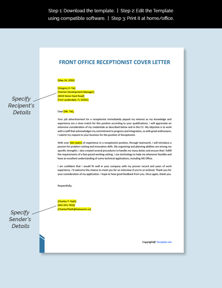 Front Office Executive Receptionist Cover Letter Template