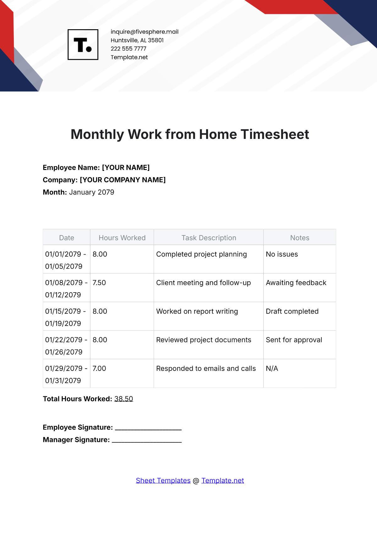 Monthly Work from Home Timesheet Template - Edit Online & Download