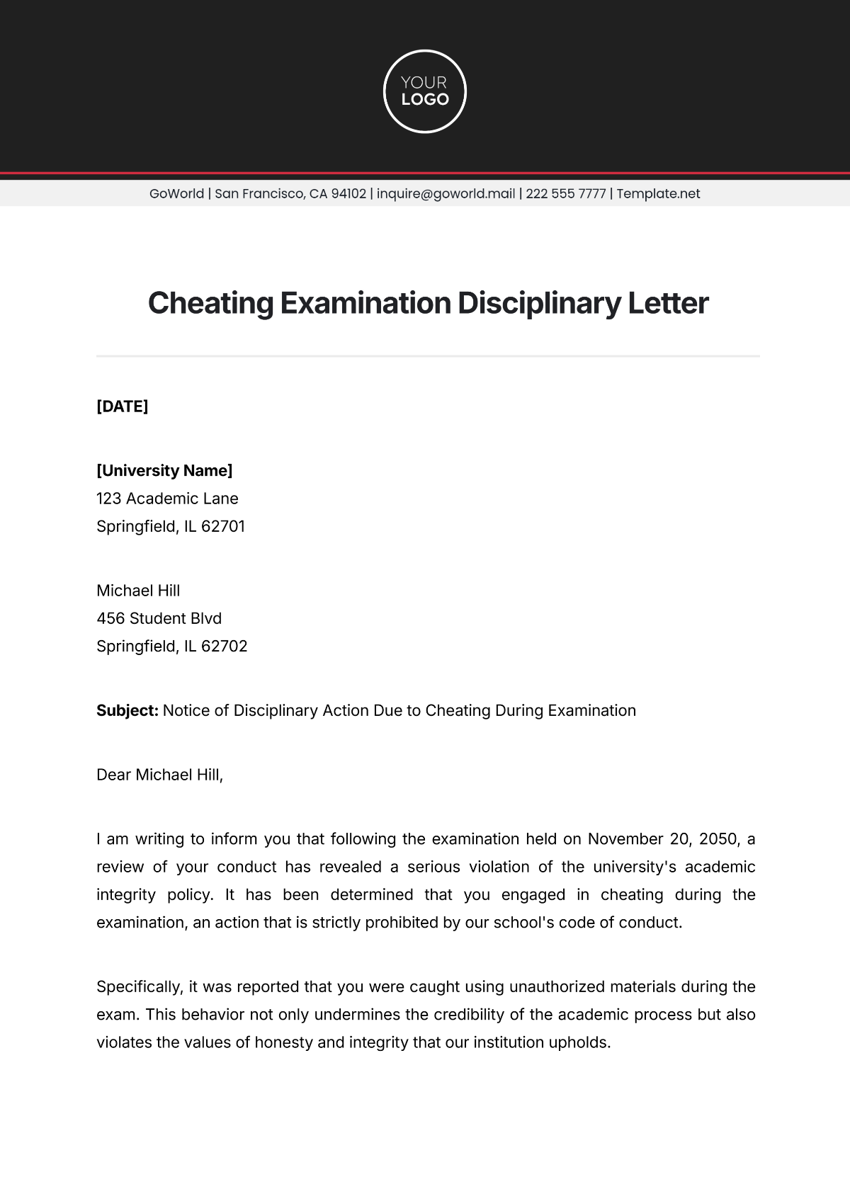 Cheating Examination Disciplinary Letter Template - Edit Online & Download