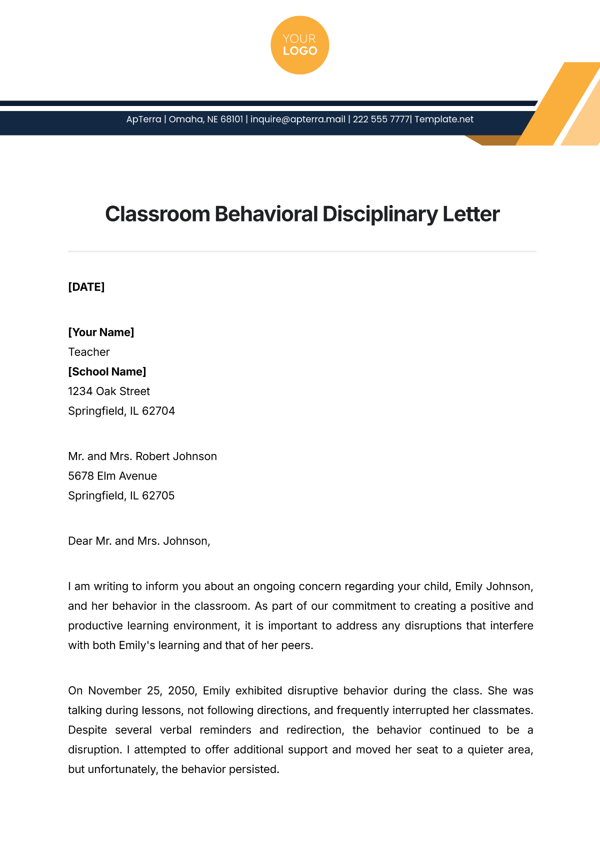 Classroom Behavioral Disciplinary Letter Template - Edit Online & Download