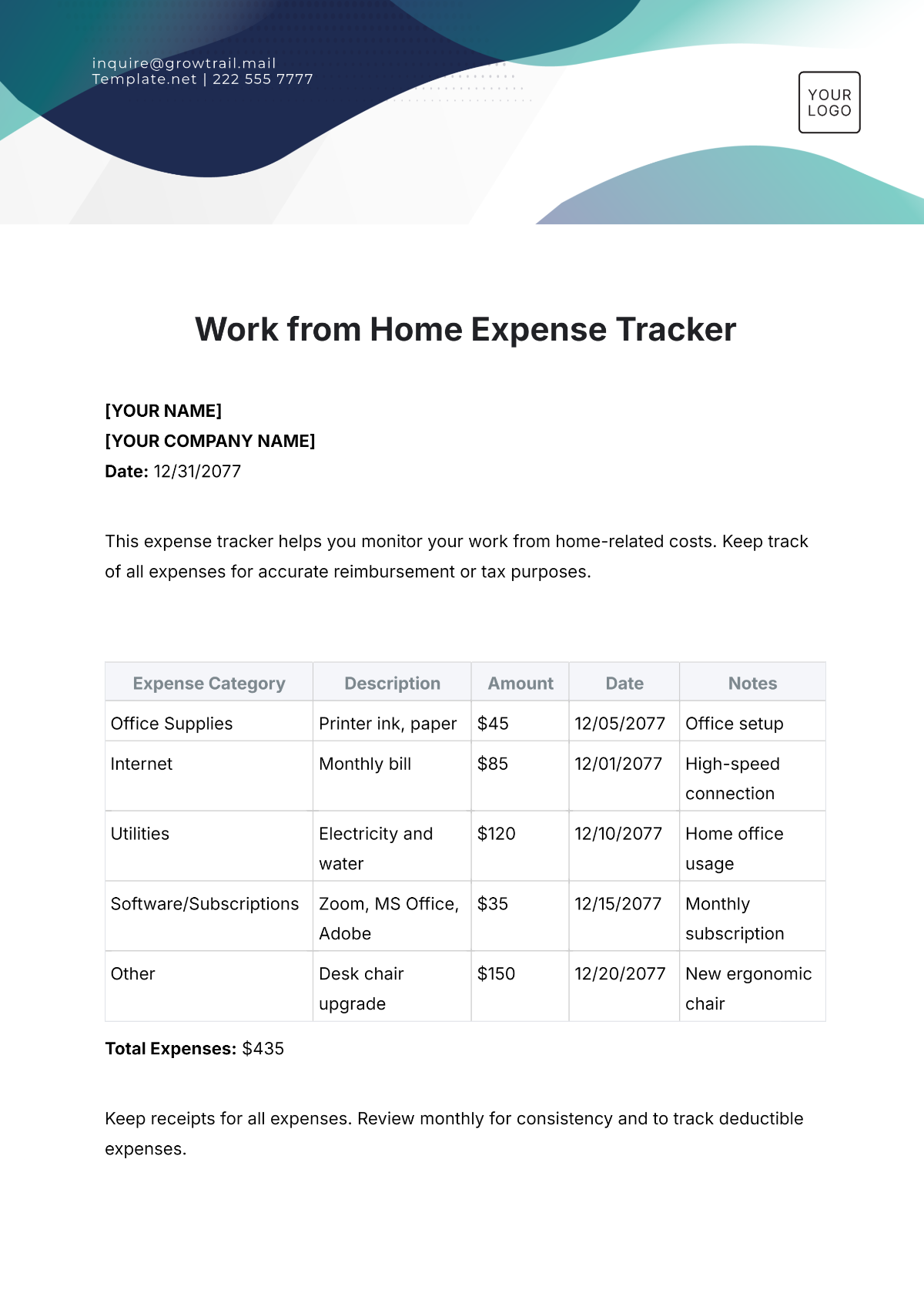 Work from Home Expense Tracker Template - Edit Online & Download