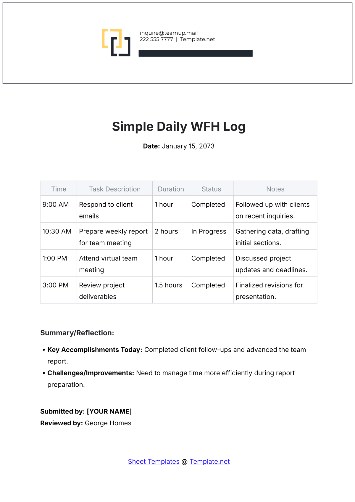 Simple Daily WFH Log Template - Edit Online & Download