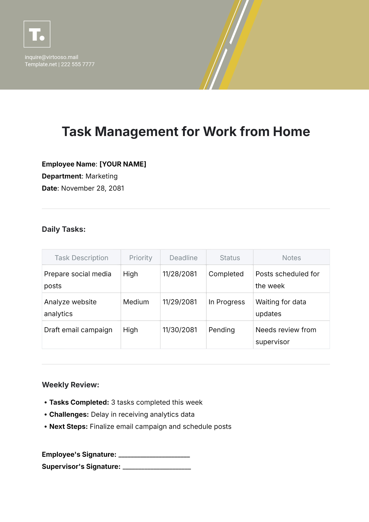 Task Management Template for Work from Home - Edit Online & Download