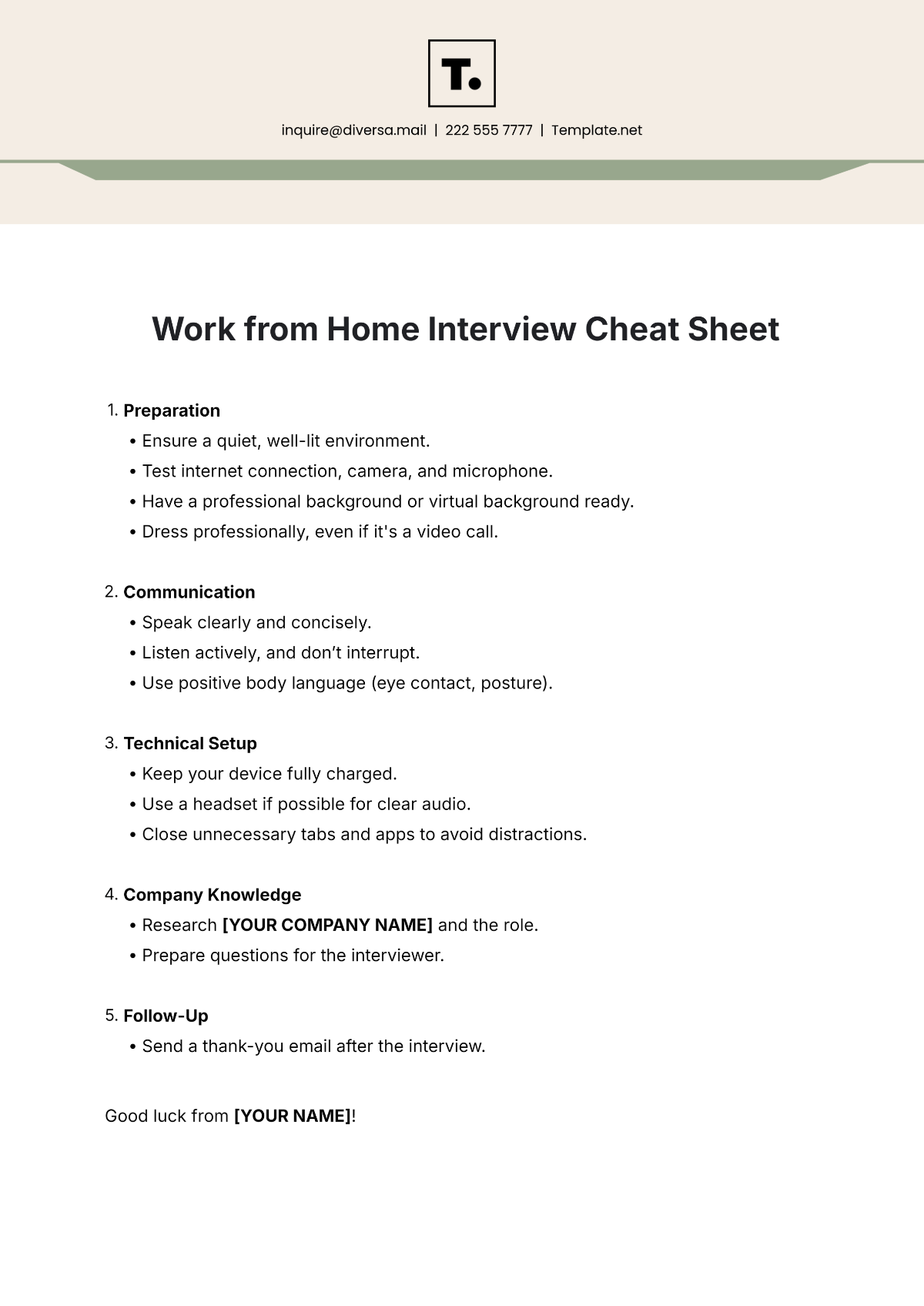 Work from Home Interview Cheat Sheet Template - Edit Online & Download