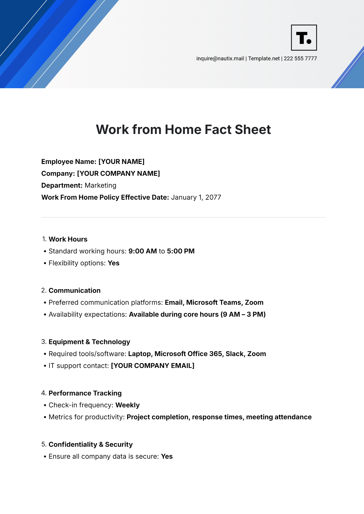 Work from Home Fact Sheet Template - Edit Online & Download